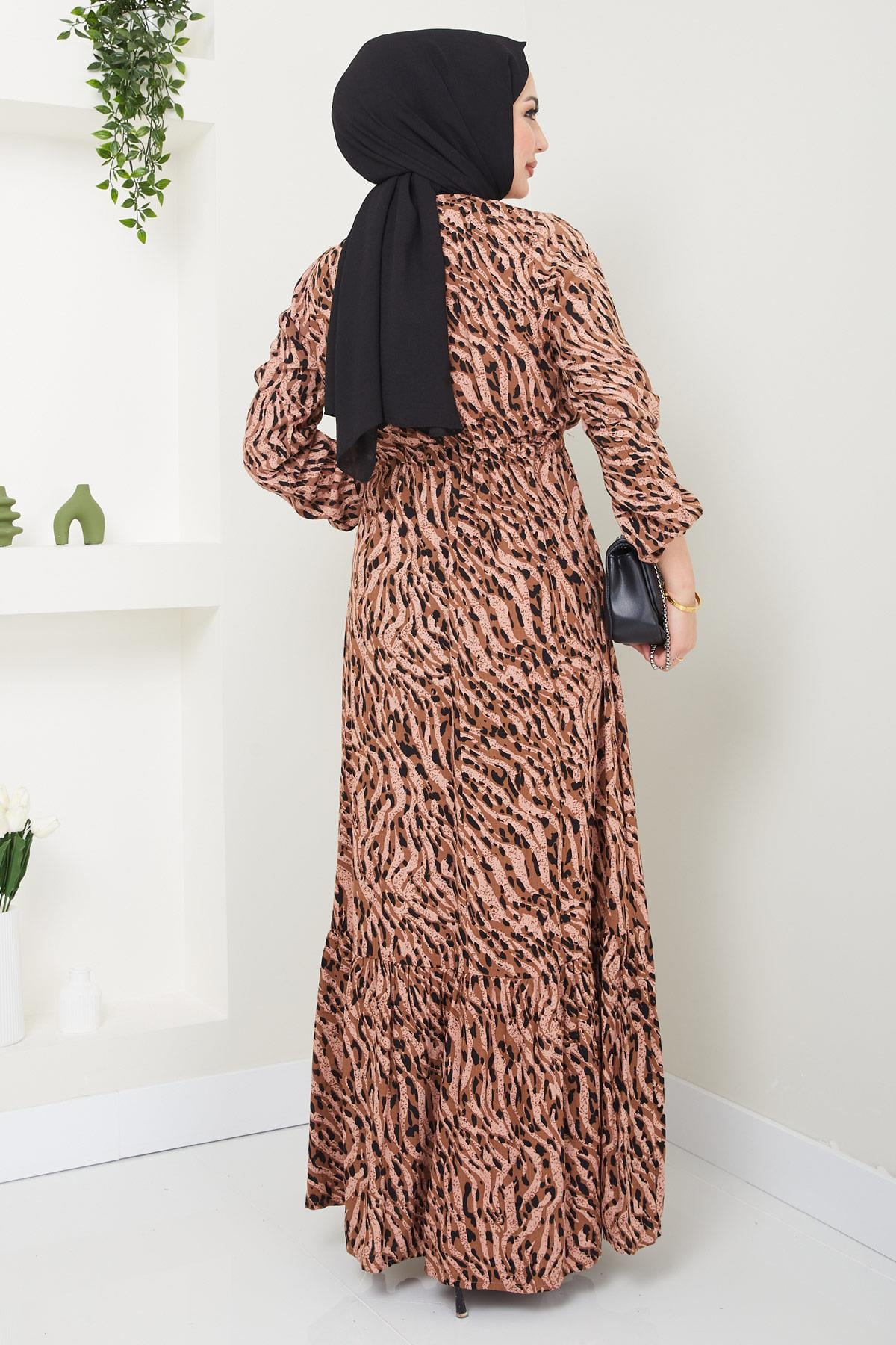 Rita Zebra Desen Viskon Elbise Camel HM2404