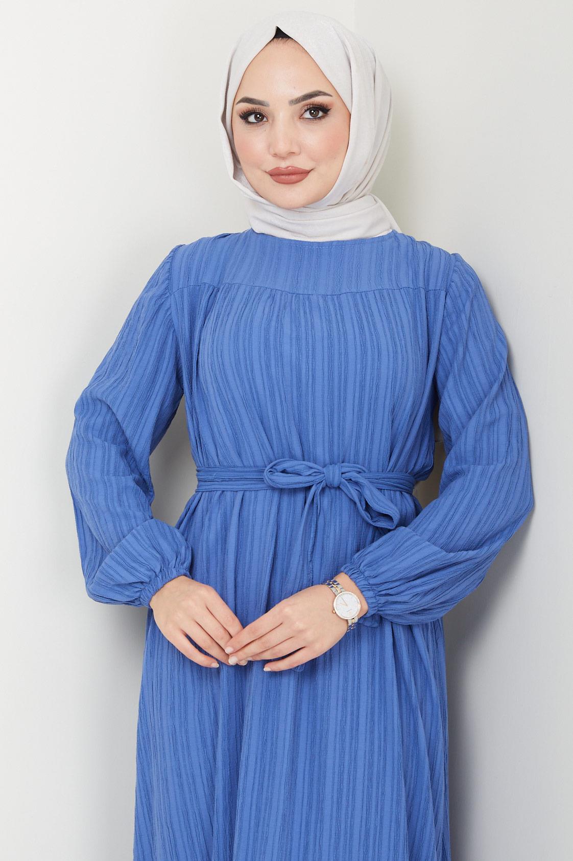Robalı Kuşaklı Elbise Mavi HM2451