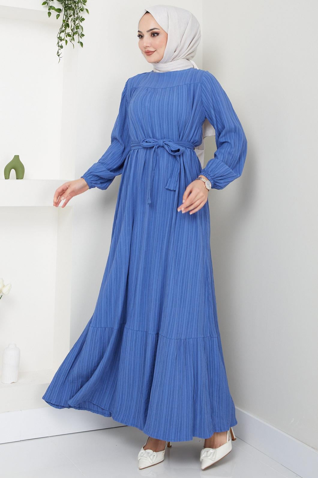 Robalı Kuşaklı Elbise Mavi HM2451