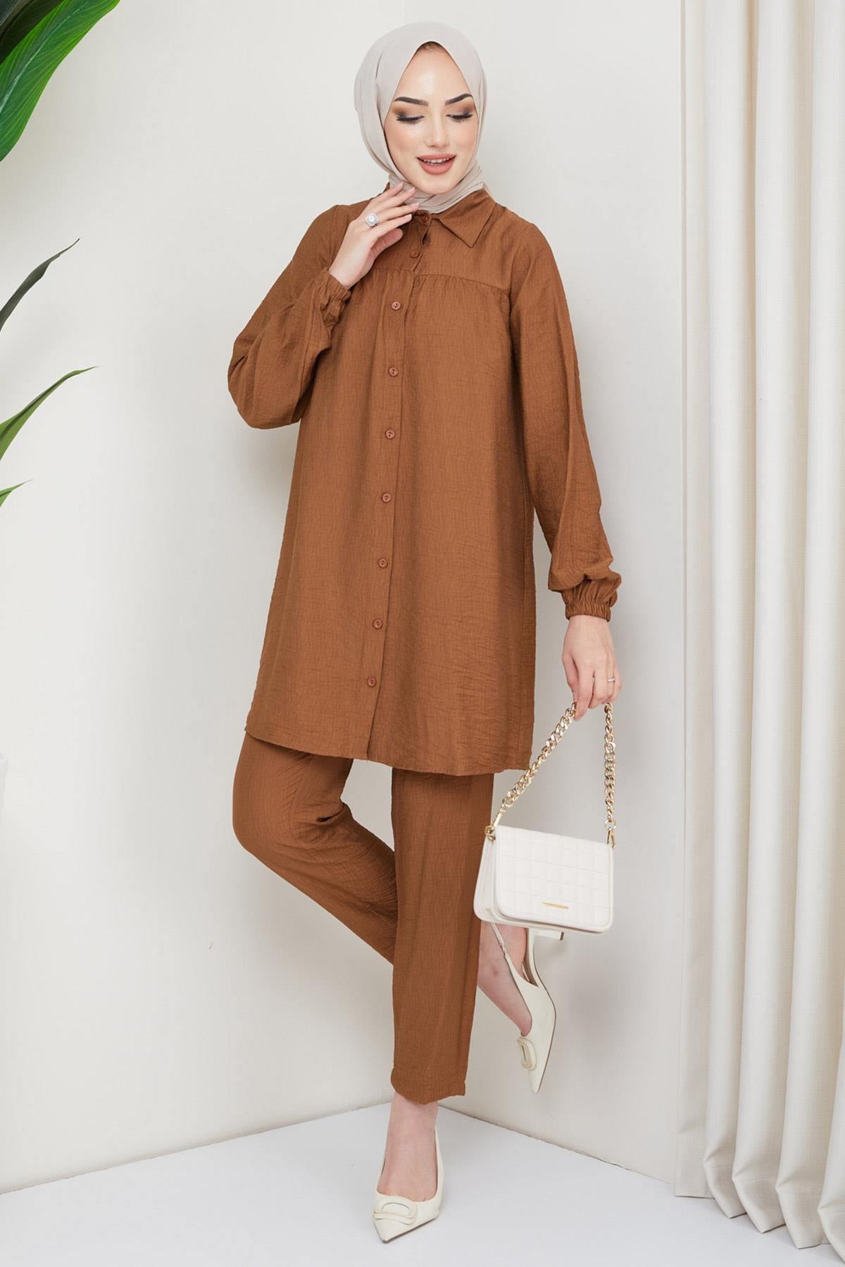 Robalı Tunik Pantolon İkili Takım Kahverengi
