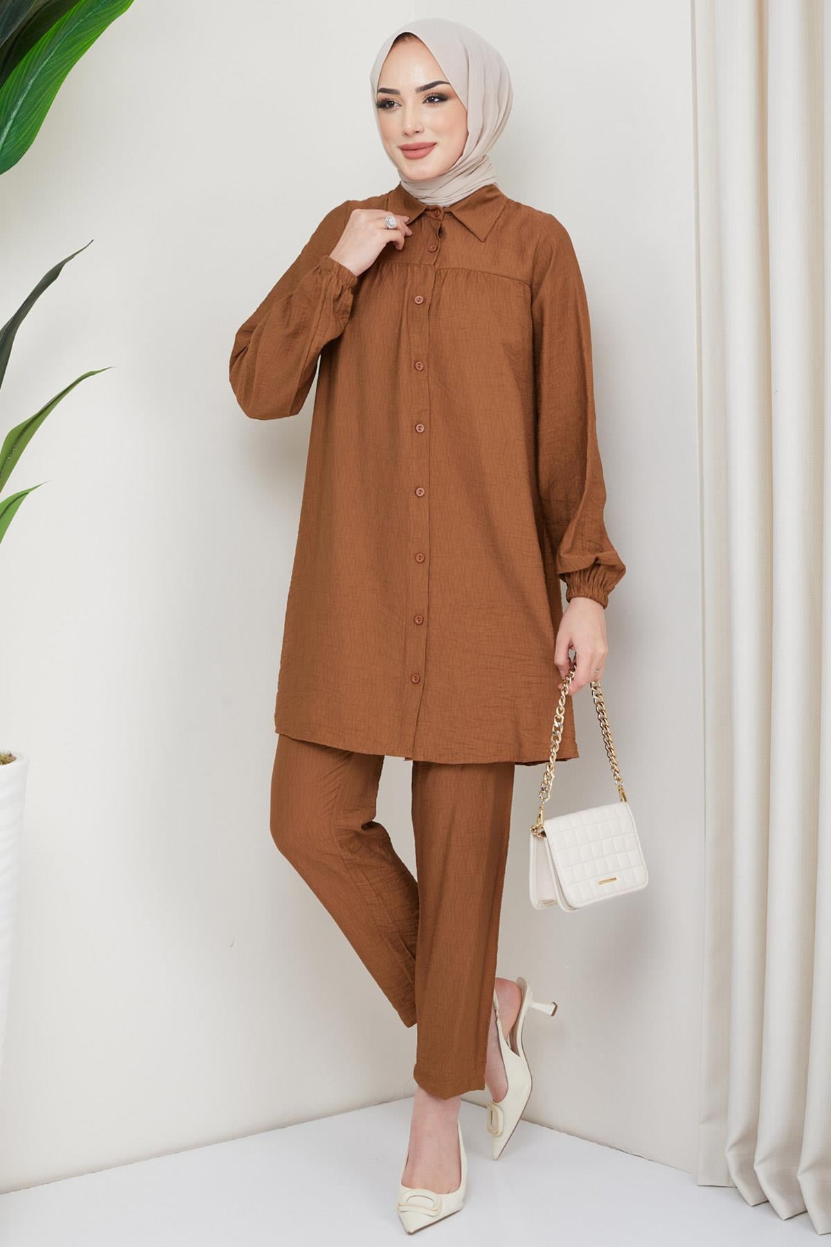Robalı Tunik Pantolon İkili Takım Kahverengi