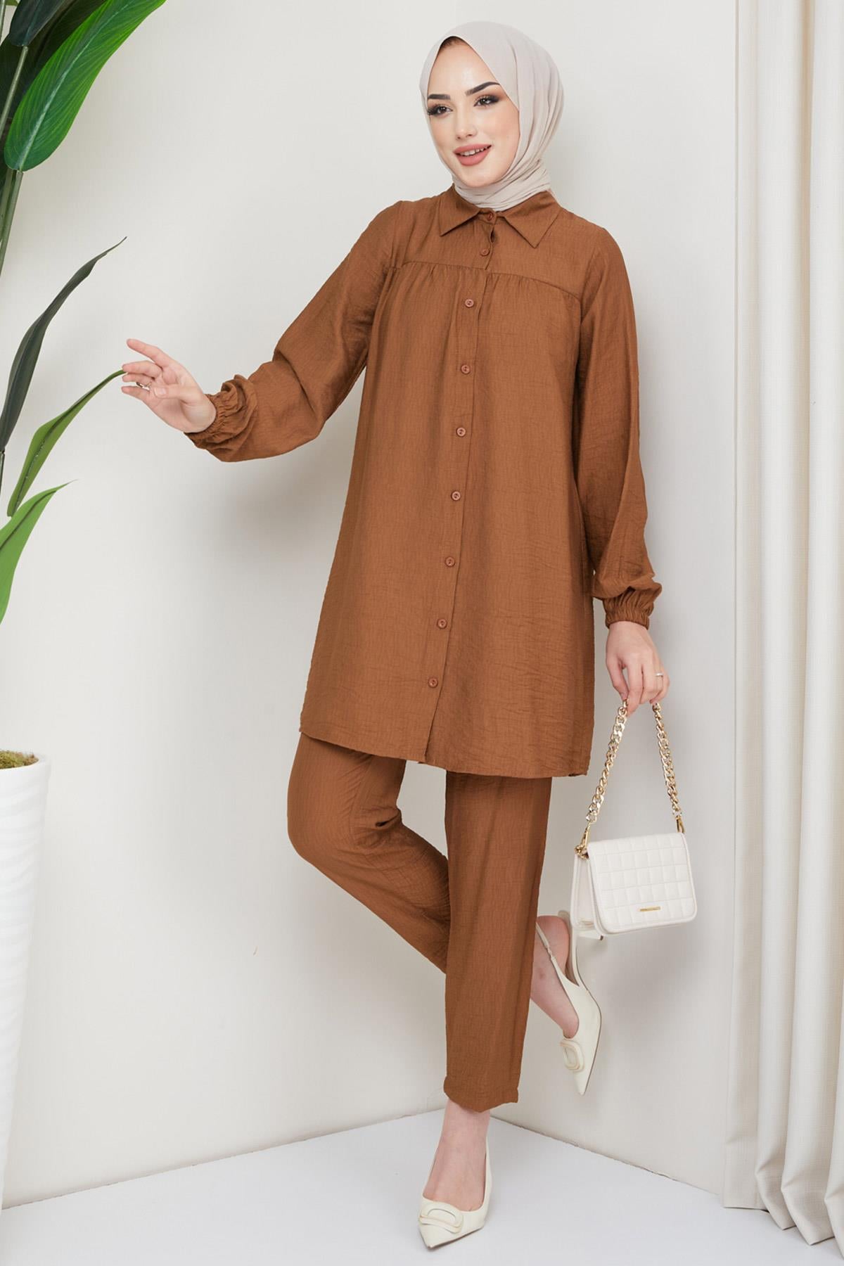 Robalı Tunik Pantolon İkili Takım Kahverengi