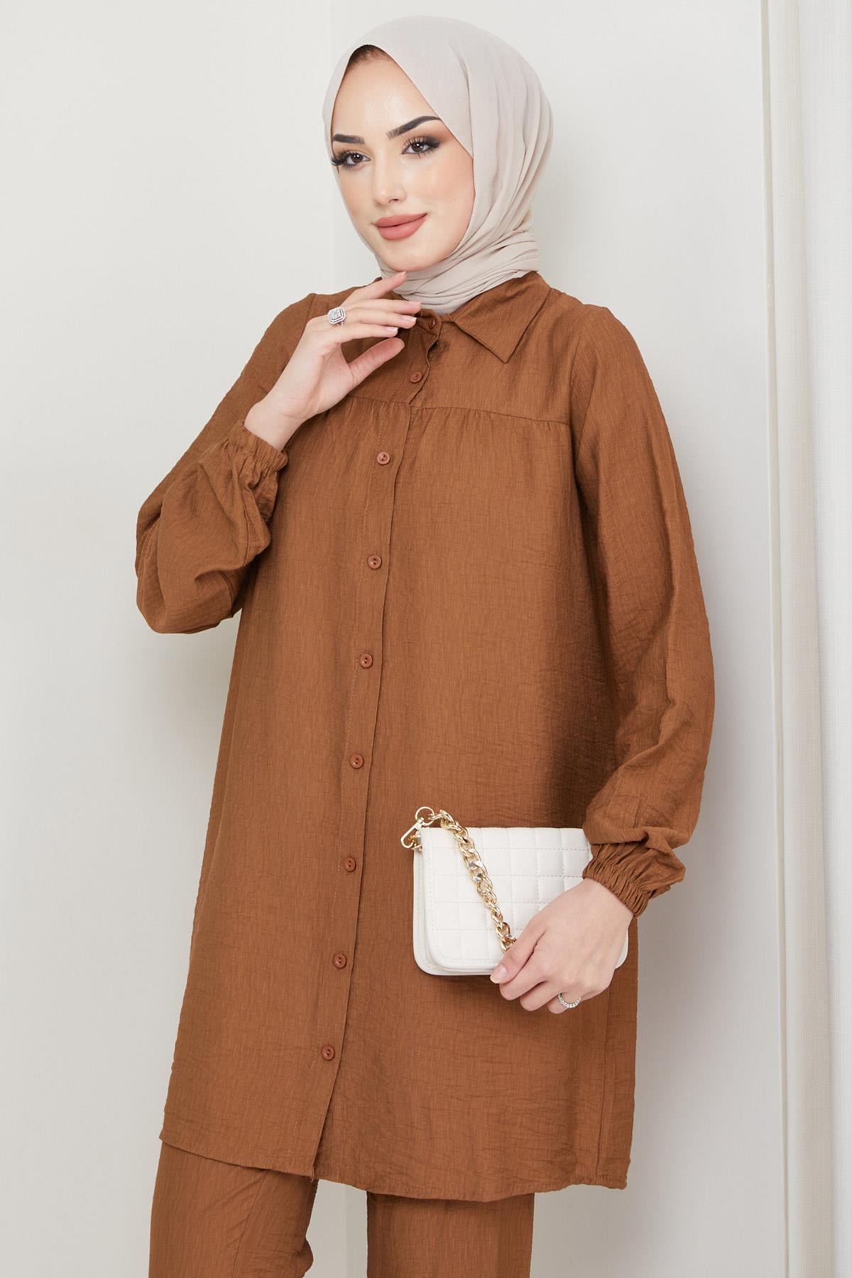 Robalı Tunik Pantolon İkili Takım Kahverengi