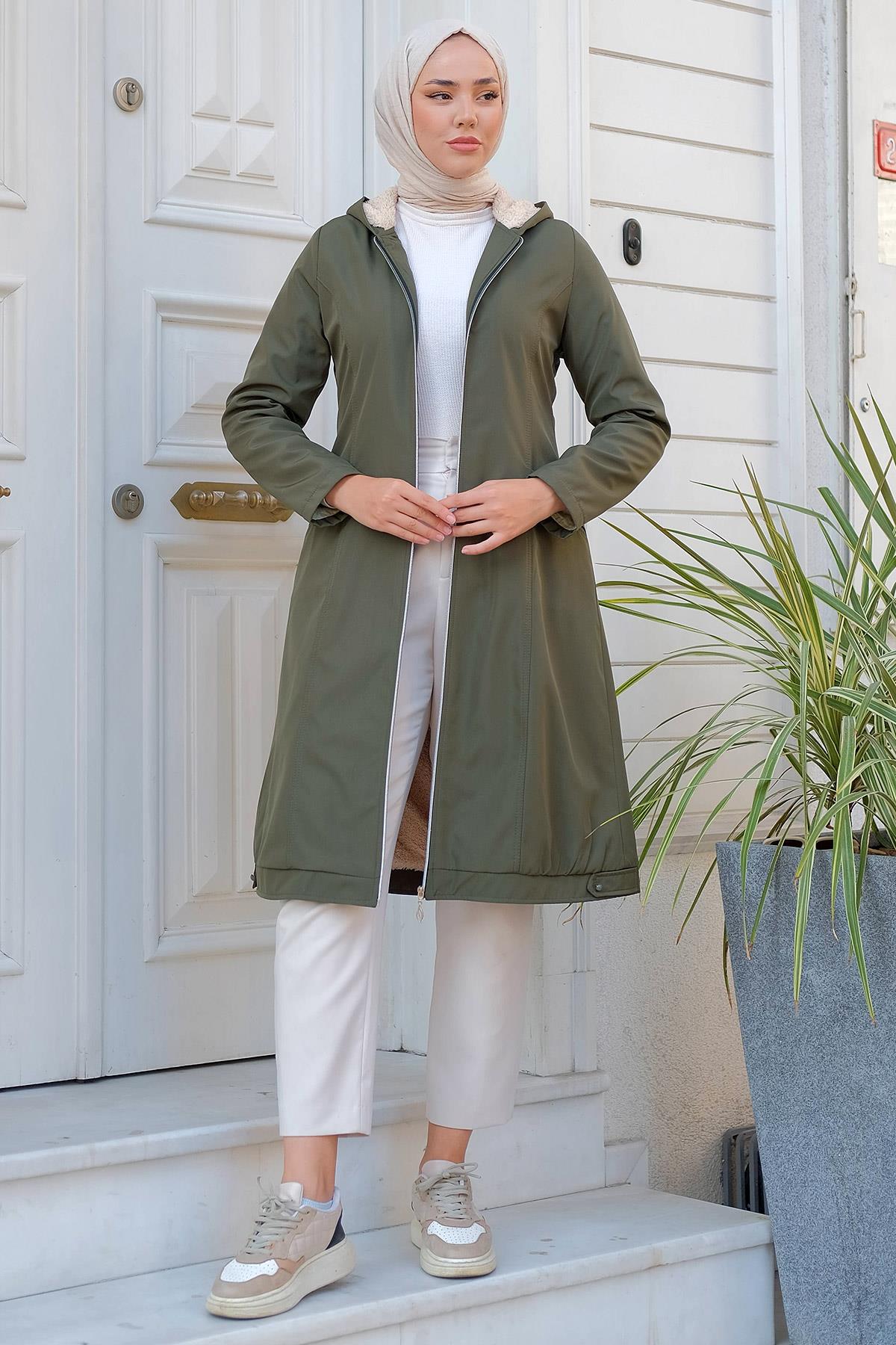 Sabit Kapüşonlu İçi Peluş Mont Haki HM2277