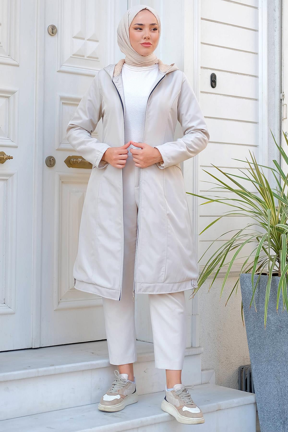 Sabit Kapüşonlu İçi Peluş Mont Taş HM2277