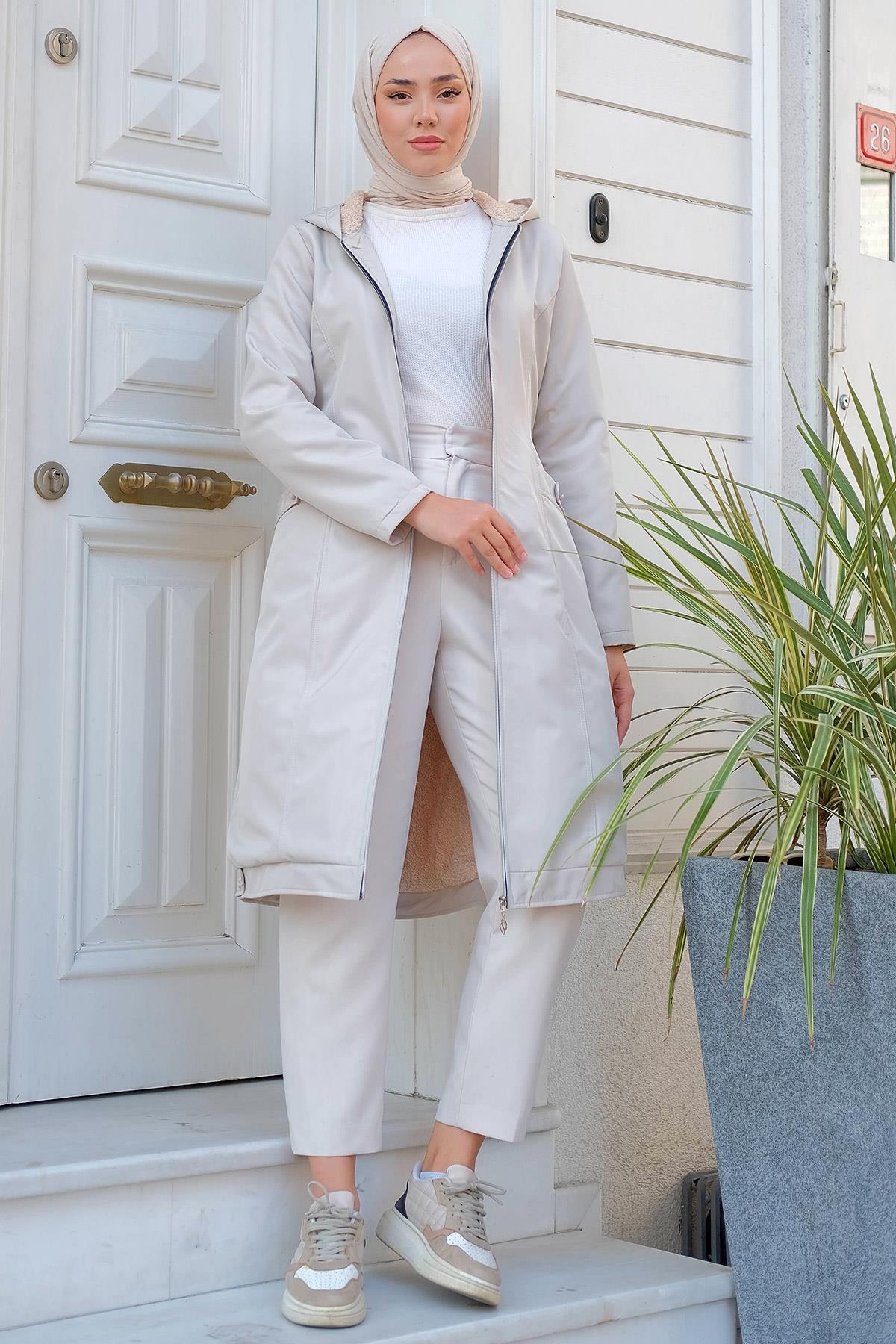 Sabit Kapüşonlu İçi Peluş Mont Taş HM2277