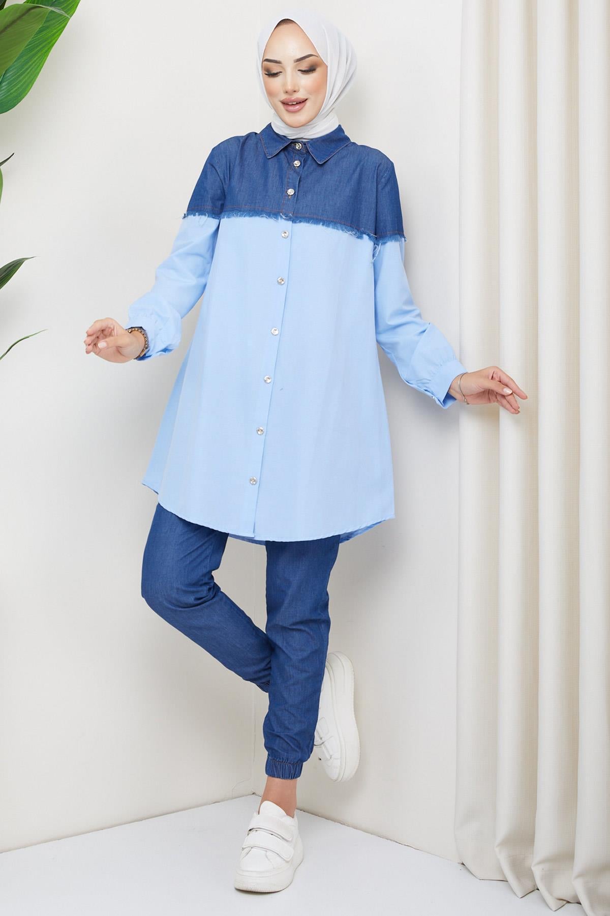 Saçaklı Kot Garnili Tunik Bebe Mavisi HM2215