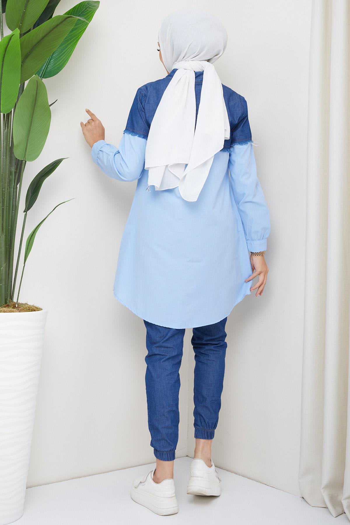 Saçaklı Kot Garnili Tunik Bebe Mavisi HM2215