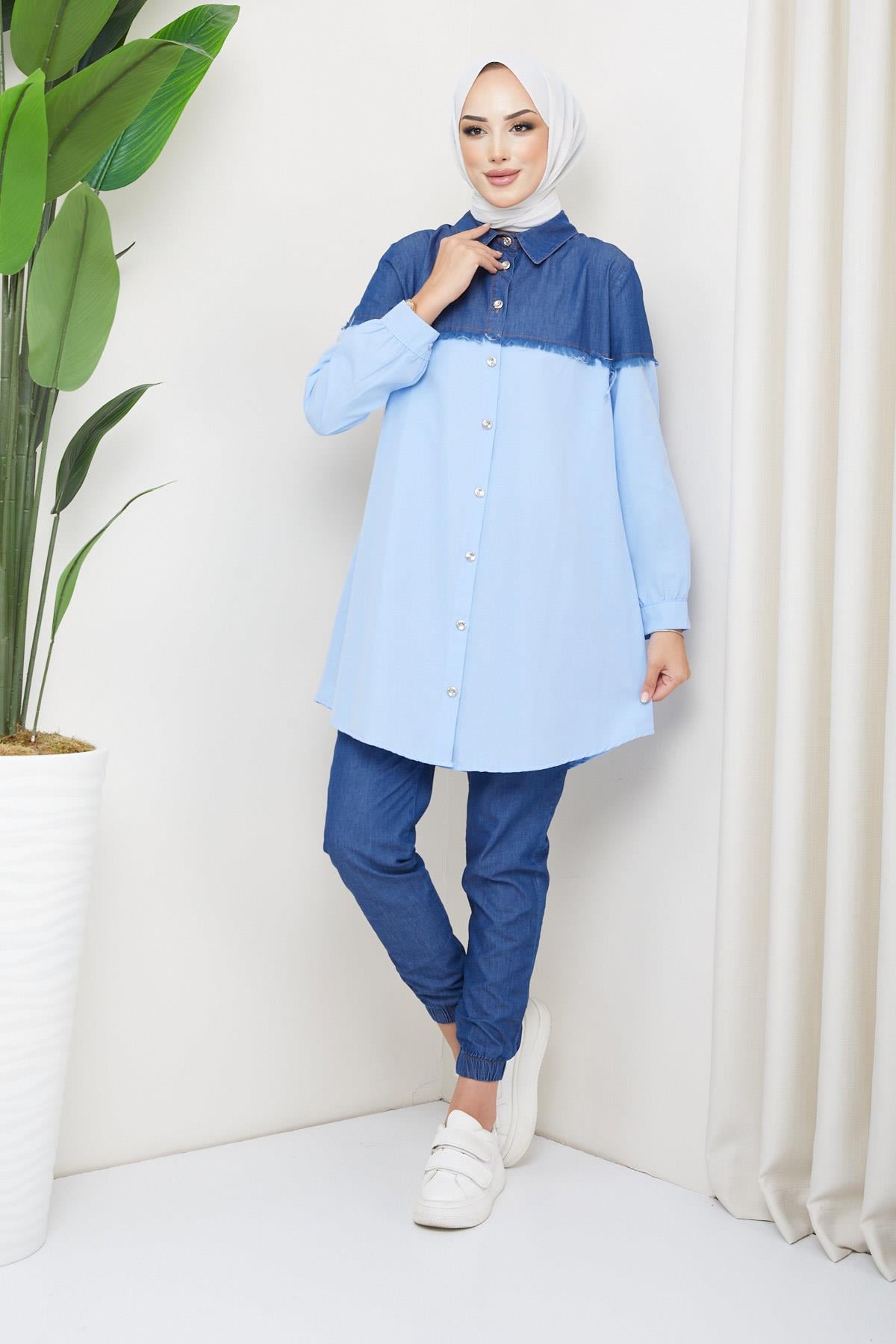 Saçaklı Kot Garnili Tunik Bebe Mavisi HM2215