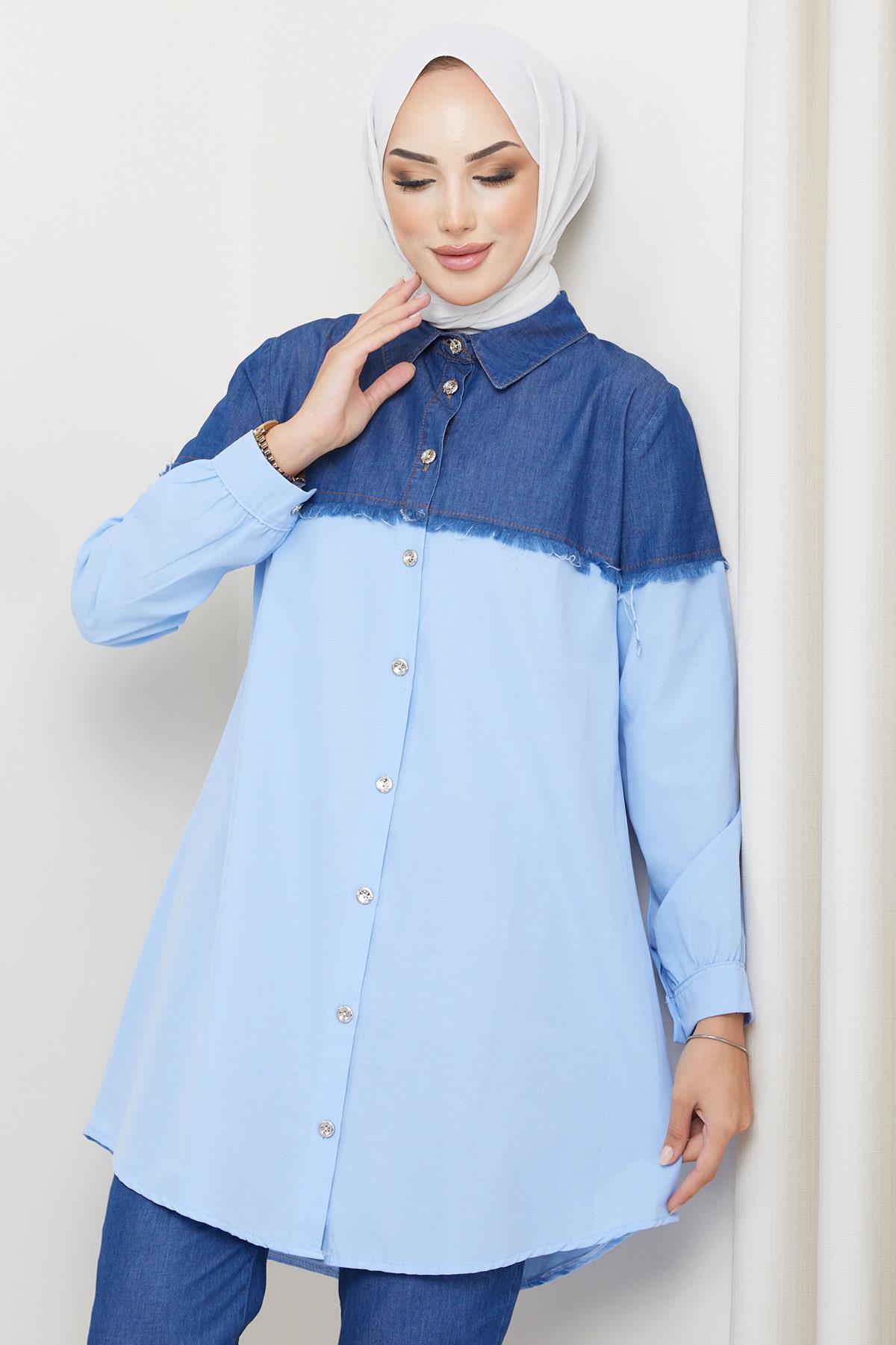 Saçaklı Kot Garnili Tunik Bebe Mavisi HM2215