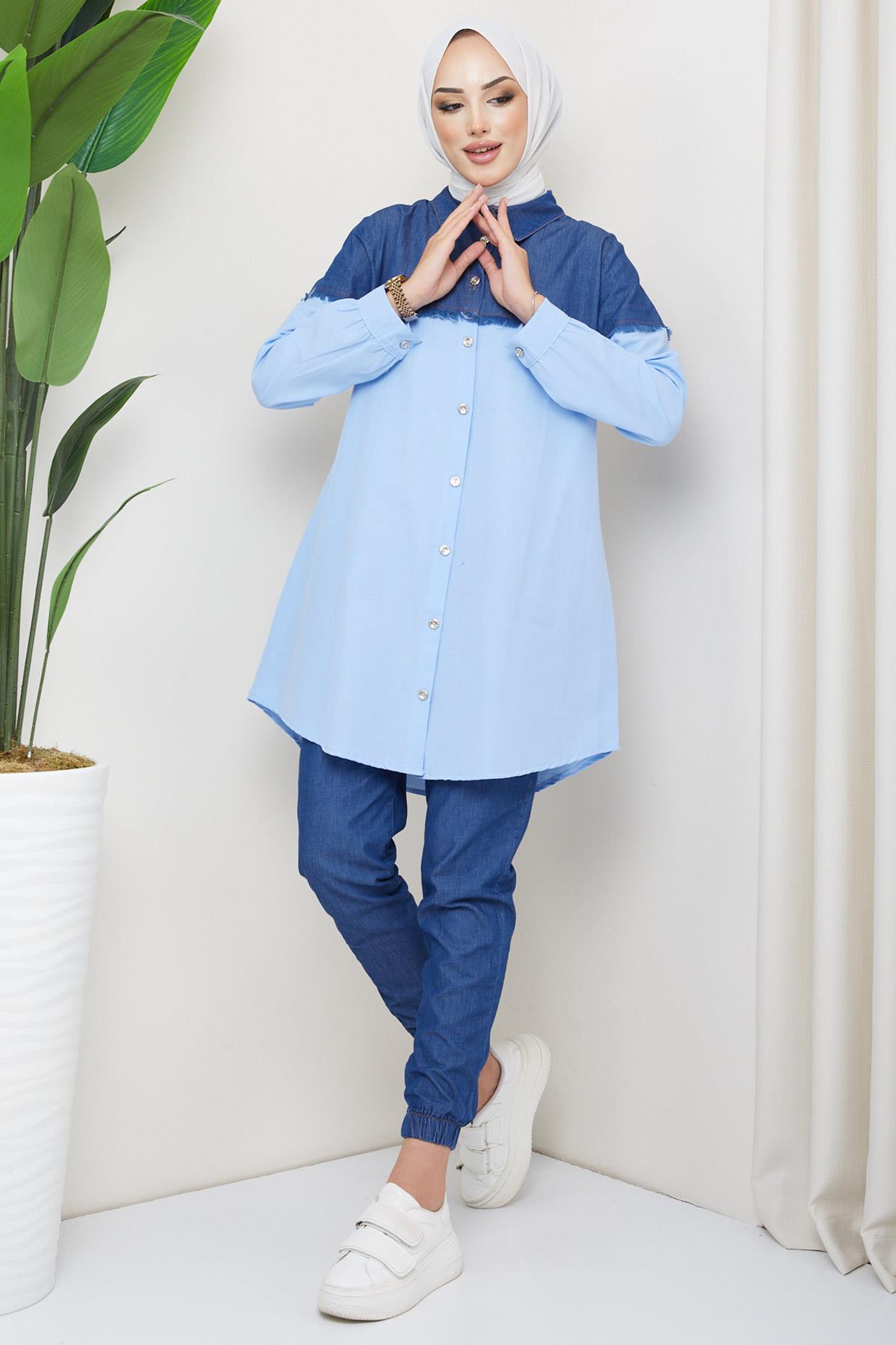 Saçaklı Kot Garnili Tunik Bebe Mavisi HM2215