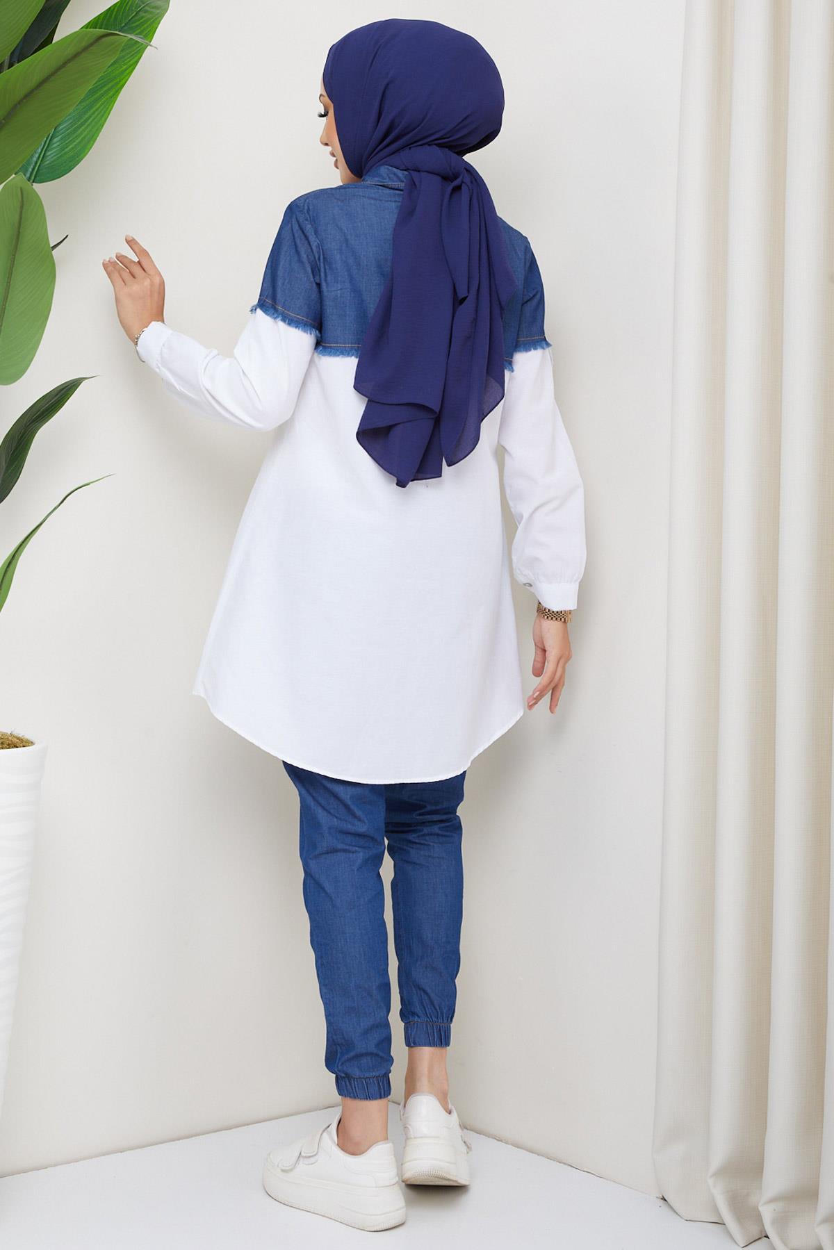 Saçaklı Kot Garnili Tunik Beyaz HM2215