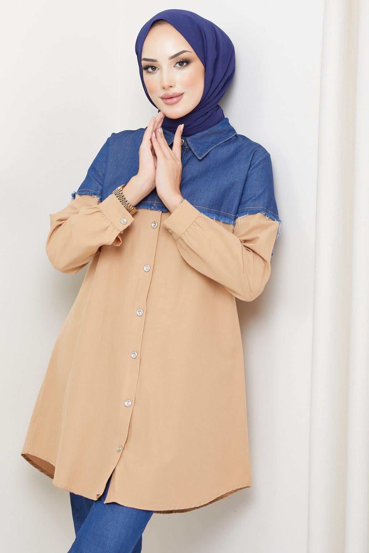 Saçaklı Kot Garnili Tunik Camel HM2215