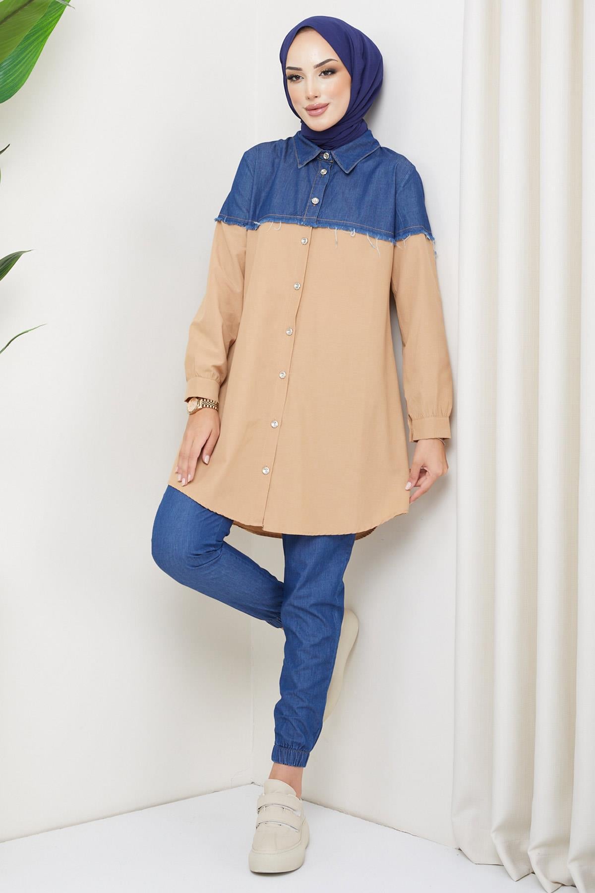 Saçaklı Kot Garnili Tunik Camel HM2215