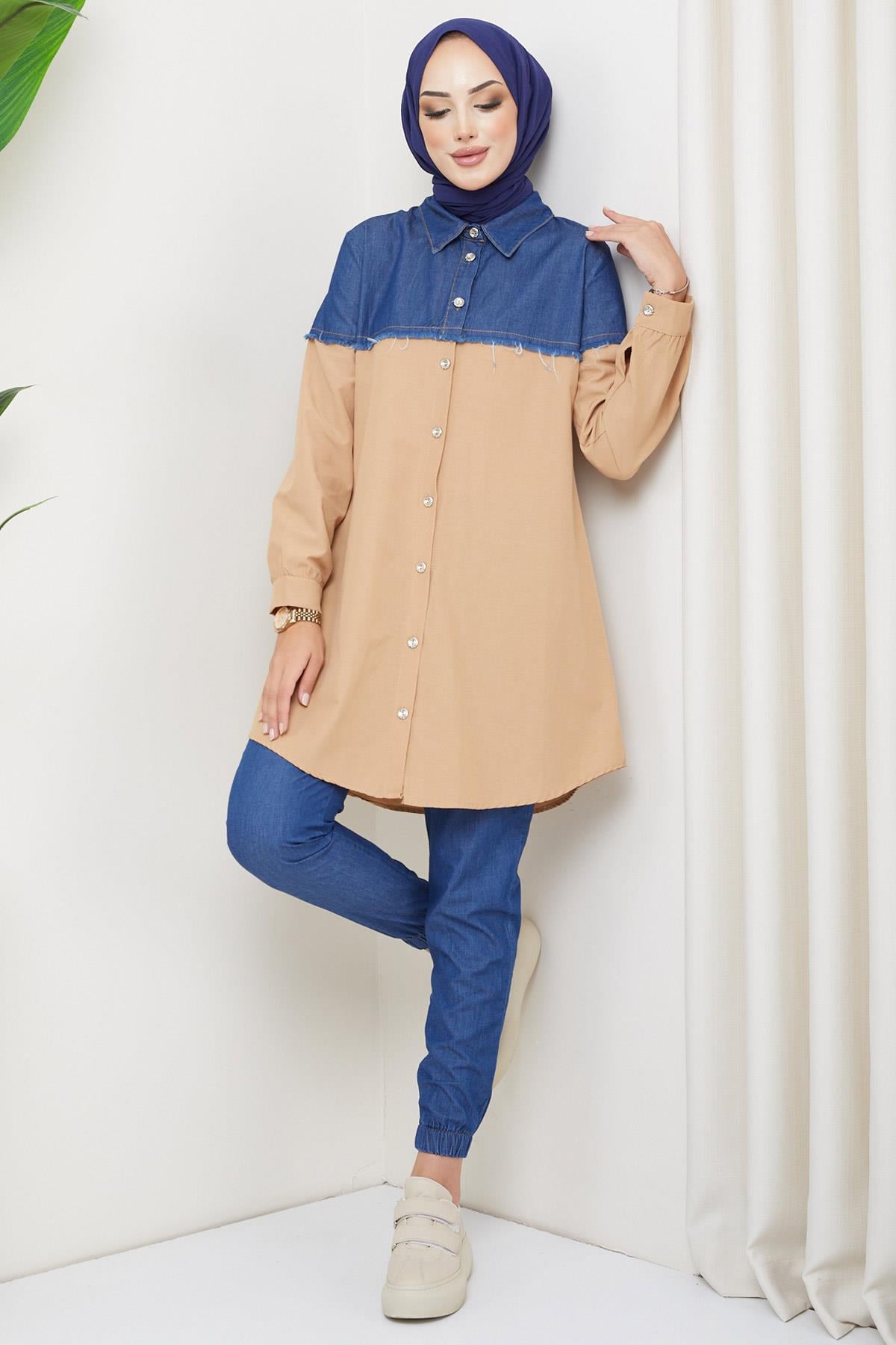 Saçaklı Kot Garnili Tunik Camel HM2215
