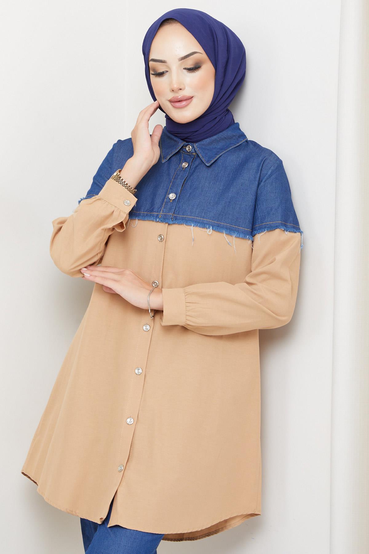 Saçaklı Kot Garnili Tunik Camel HM2215