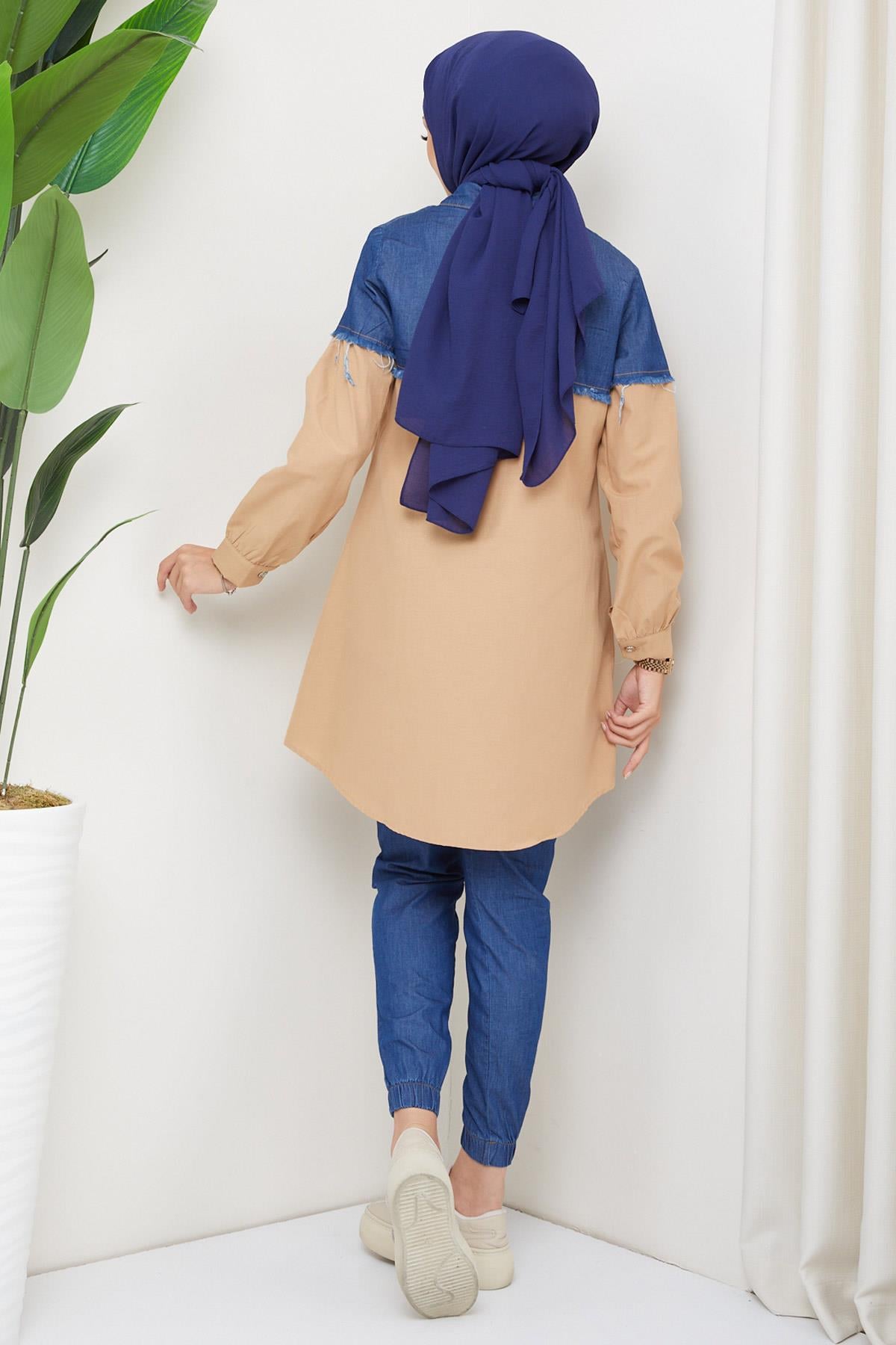 Saçaklı Kot Garnili Tunik Camel HM2215
