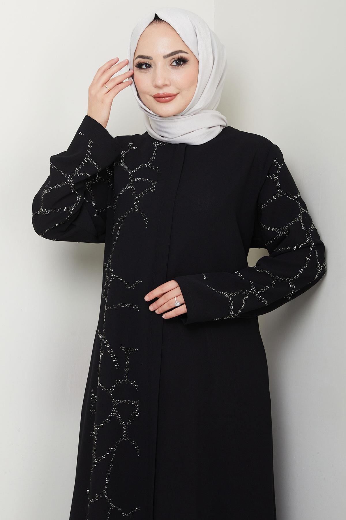 Sahra Taşlı Büyük Beden Ferace Siyah HM2712