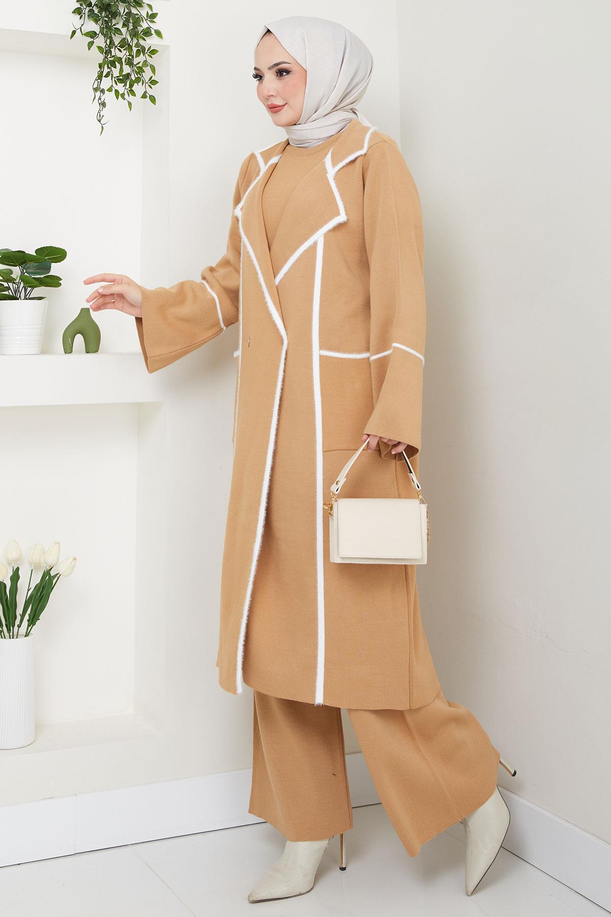 Sakal Garnili Üçlü Triko Takım Camel HM2534