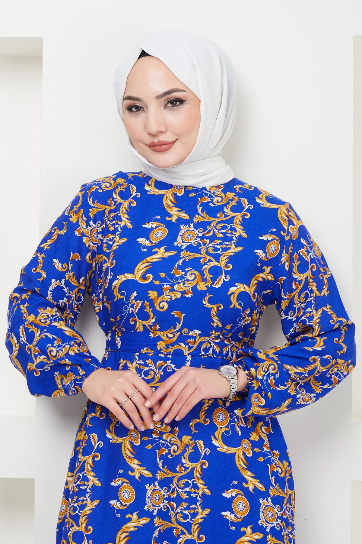 Şal Desen Mavi Viskon Elbise HM2382