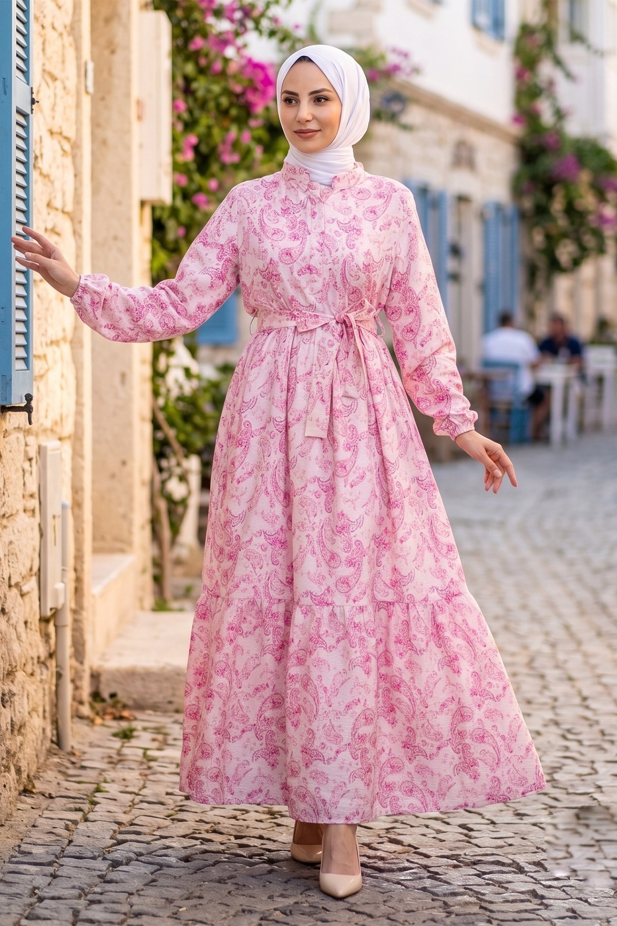 Şal Desen Yarım Düğmeli Modal Desenli Elbise Pembe 7014