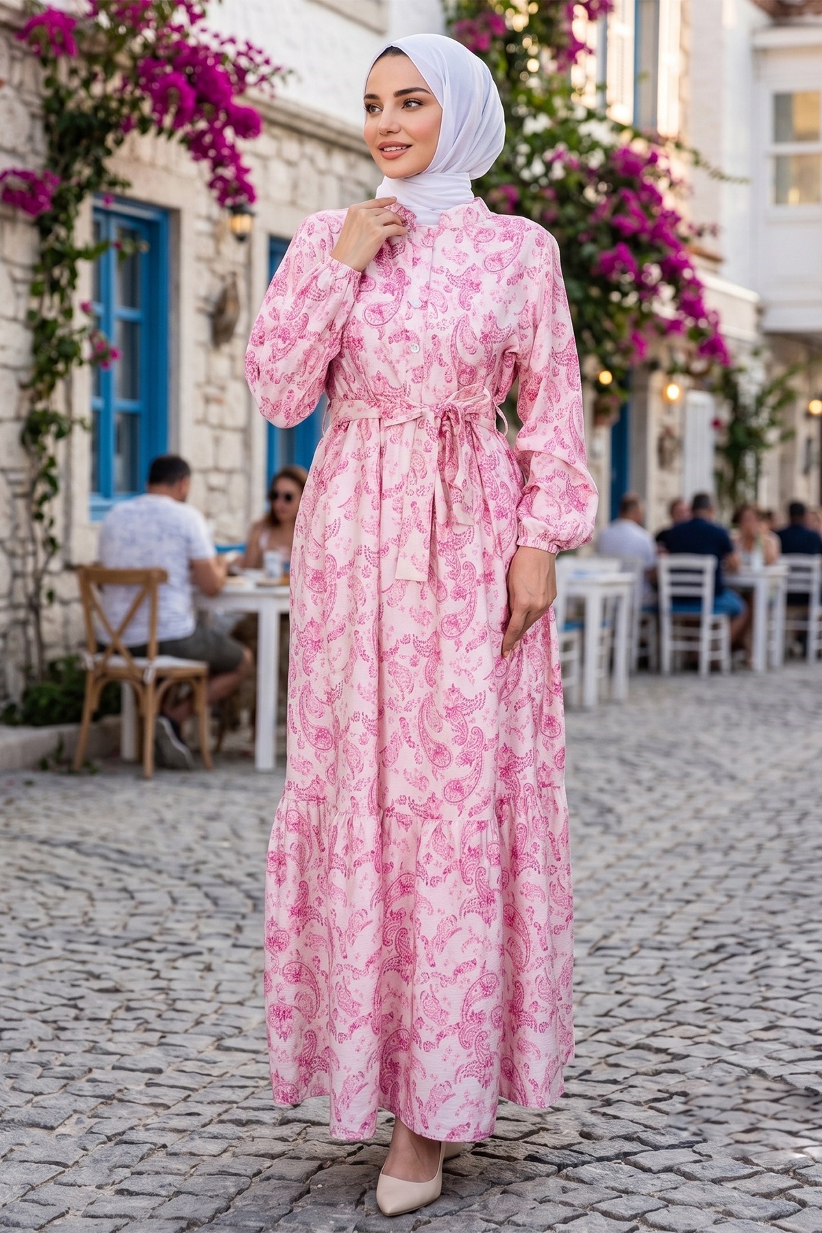 Şal Desen Yarım Düğmeli Modal Desenli Elbise Pembe 7014