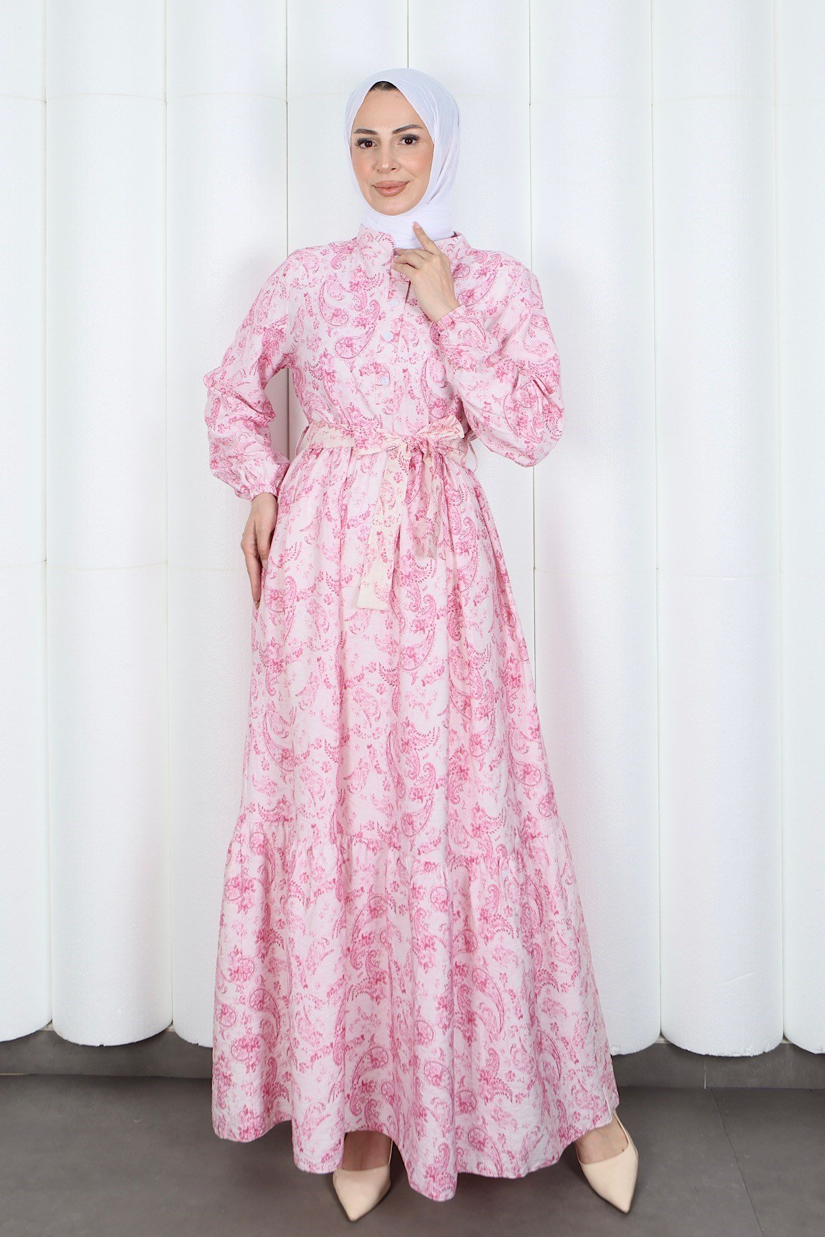 Şal Desen Yarım Düğmeli Modal Desenli Elbise Pembe 7014