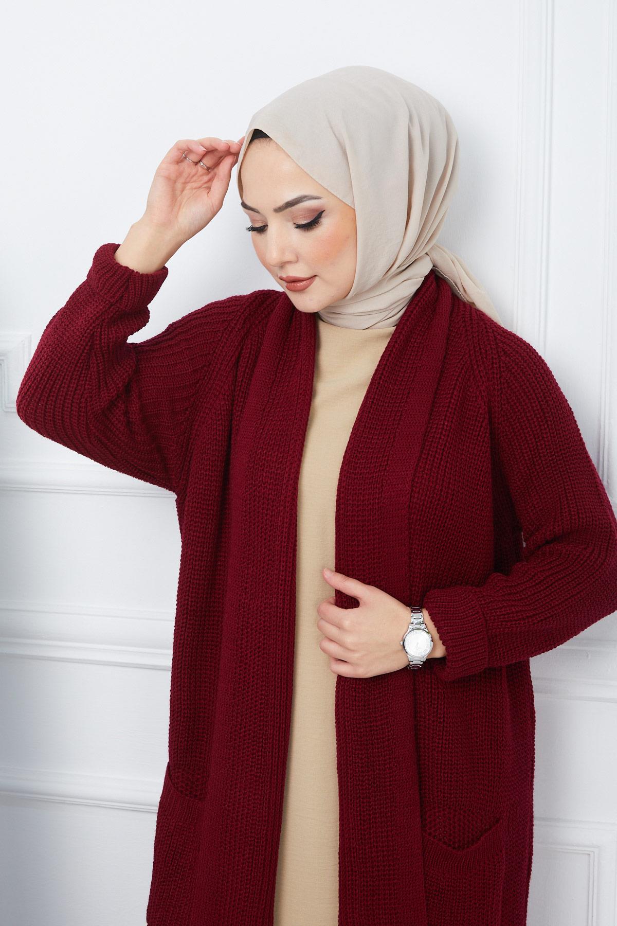 Şal Yaka Cepli Triko Hırka Bordo HM2243
