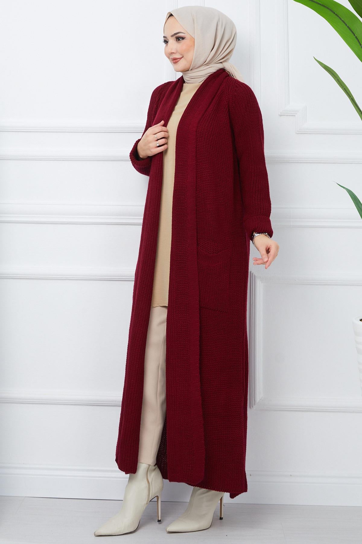 Şal Yaka Cepli Triko Hırka Bordo HM2243