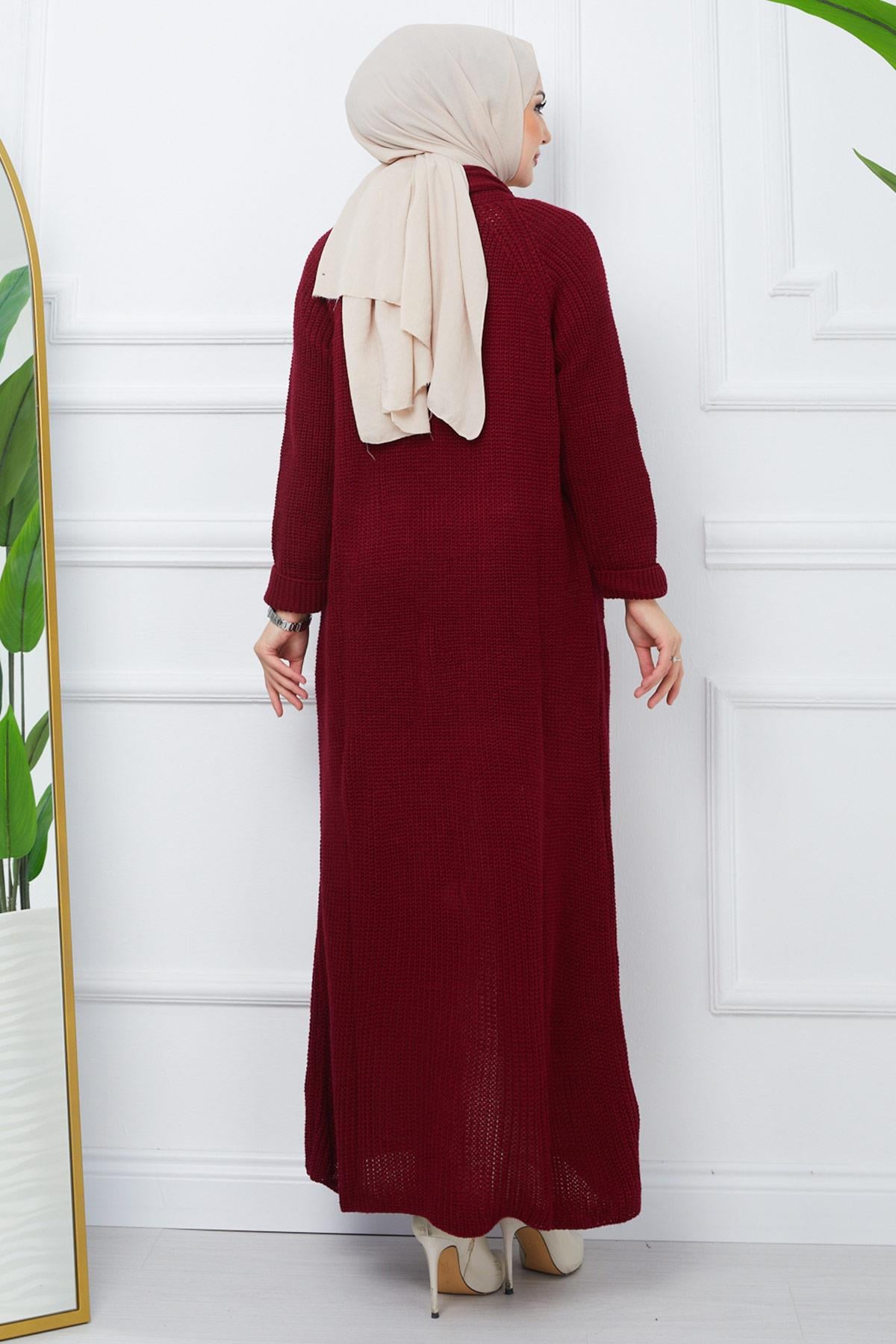 Şal Yaka Cepli Triko Hırka Bordo HM2243