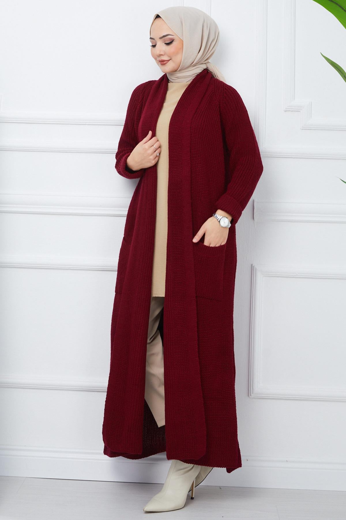 Şal Yaka Cepli Triko Hırka Bordo HM2243