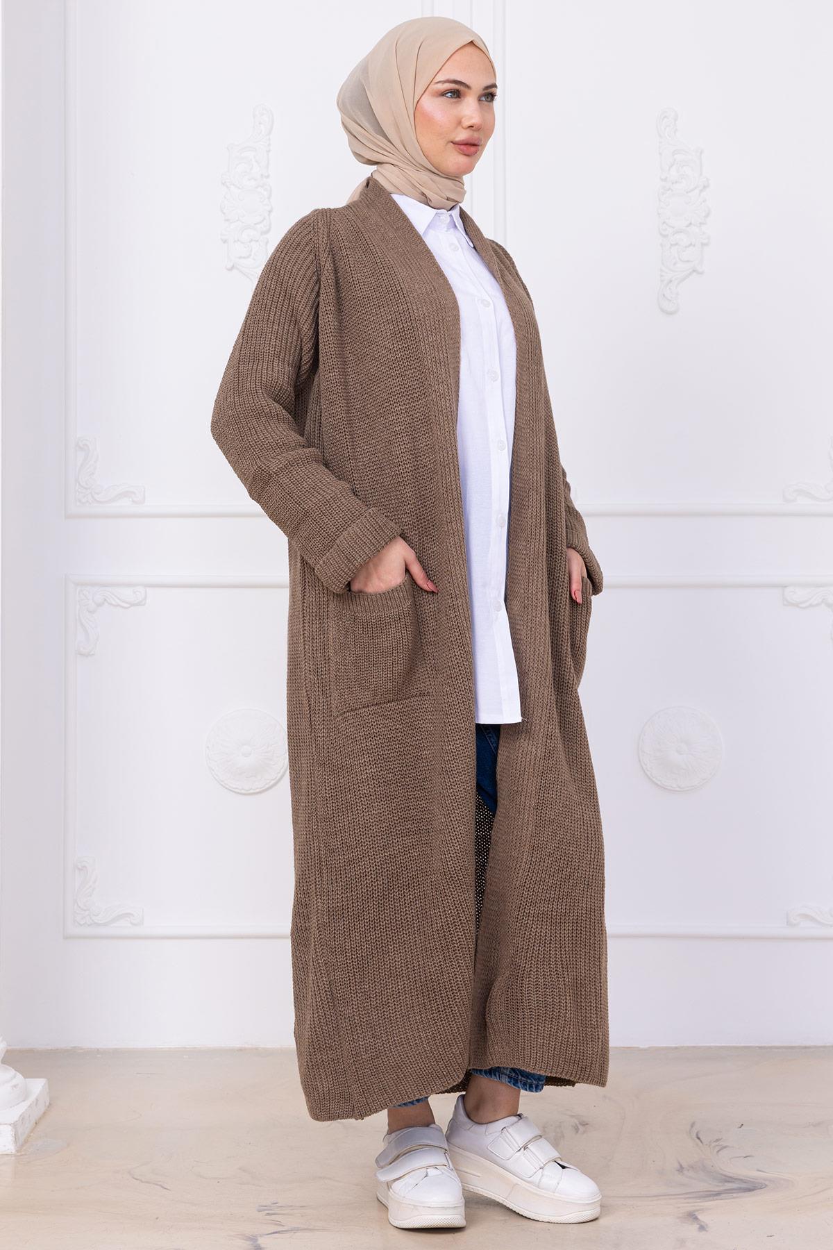 Şal Yaka Cepli Triko Hırka Vizon HM2243