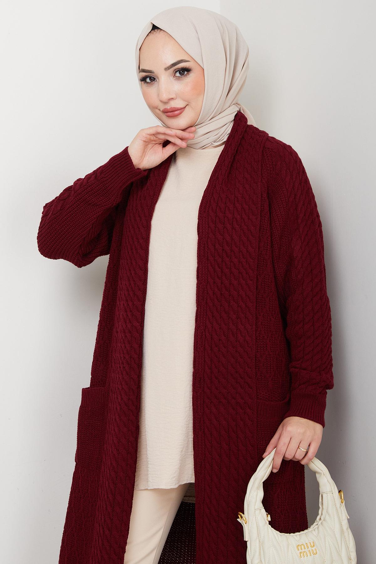 Şal Yaka Salaş Triko Hırka Bordo HM2248