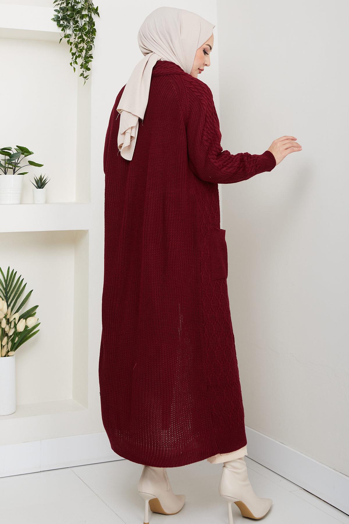 Şal Yaka Salaş Triko Hırka Bordo HM2248