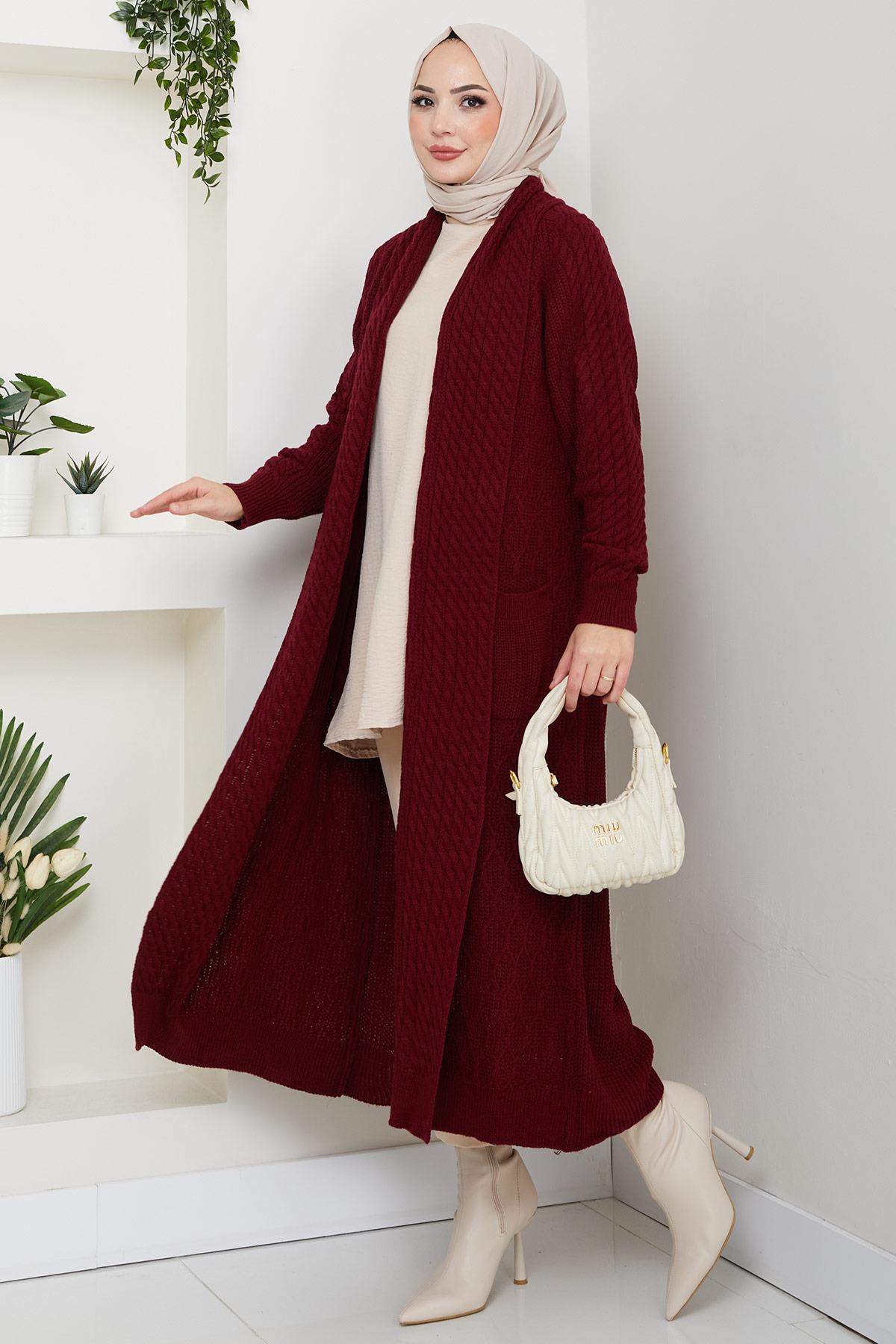Şal Yaka Salaş Triko Hırka Bordo HM2248