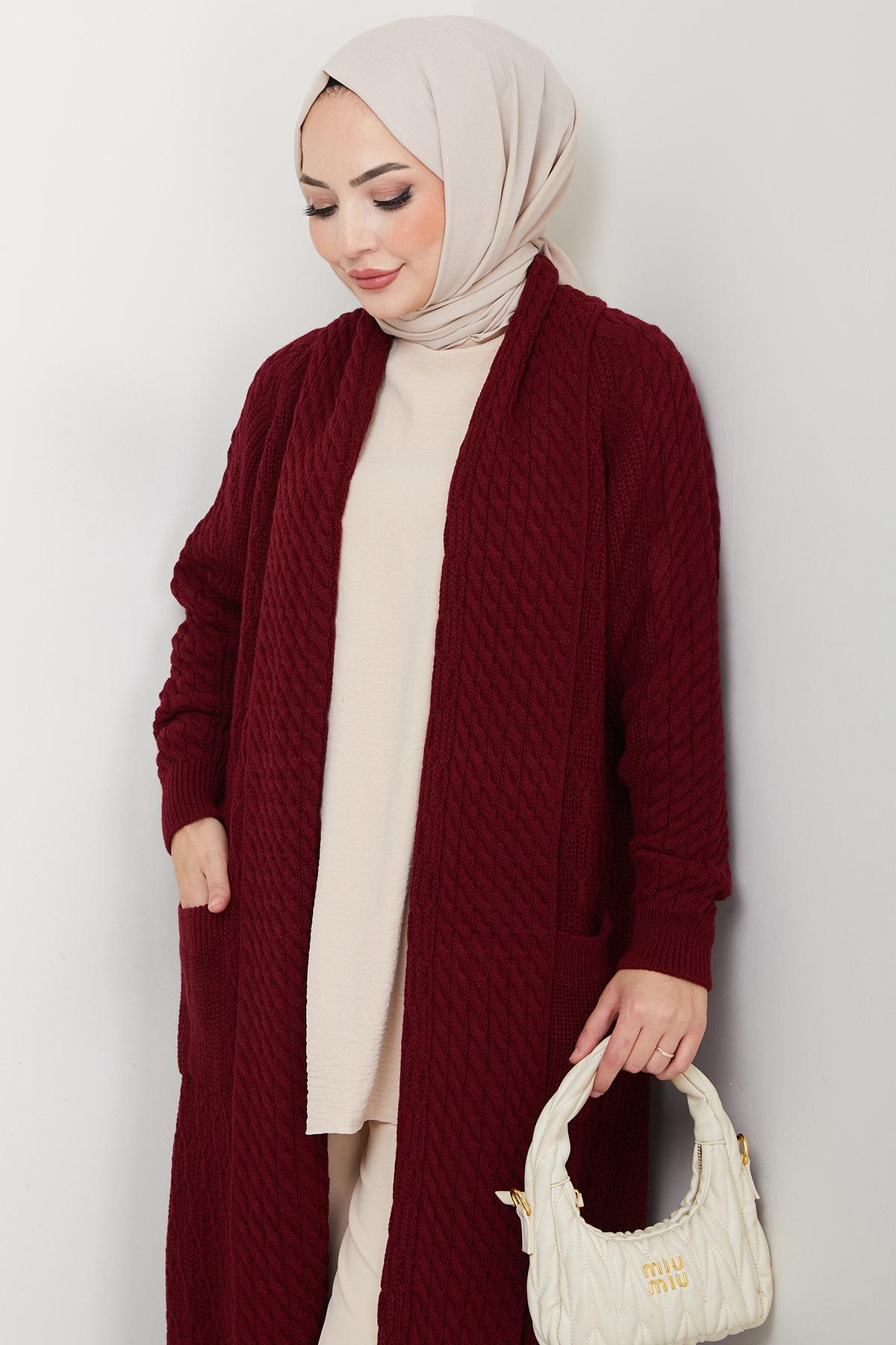 Şal Yaka Salaş Triko Hırka Bordo HM2248