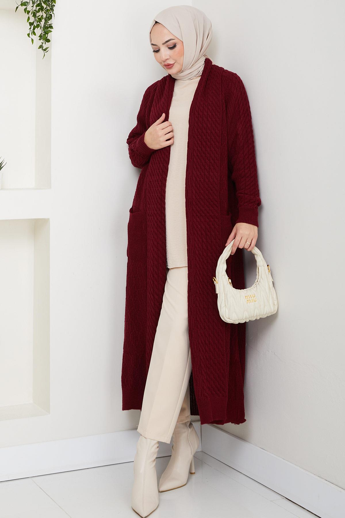 Şal Yaka Salaş Triko Hırka Bordo HM2248