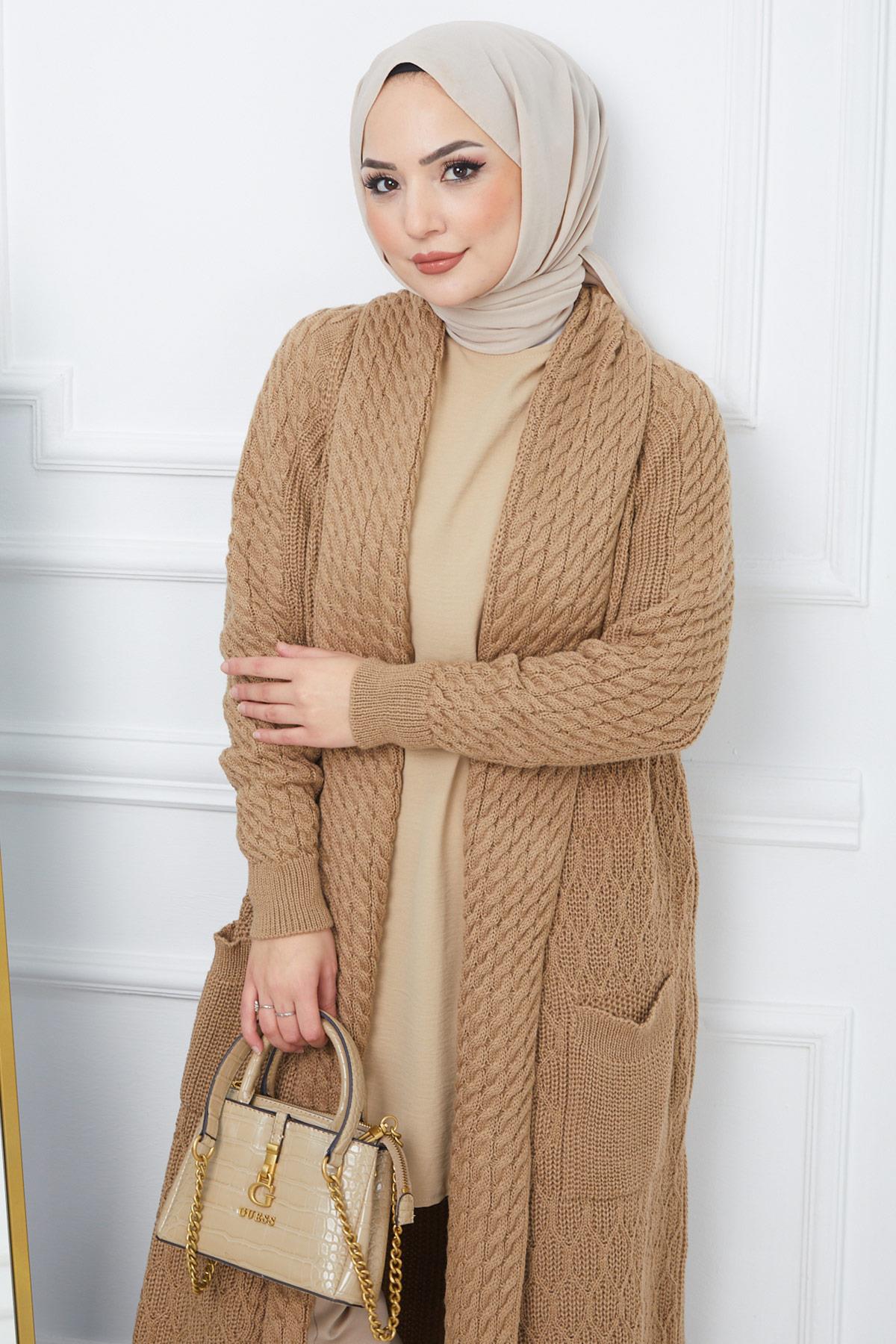 Şal Yaka Salaş Triko Hırka Camel HM2248