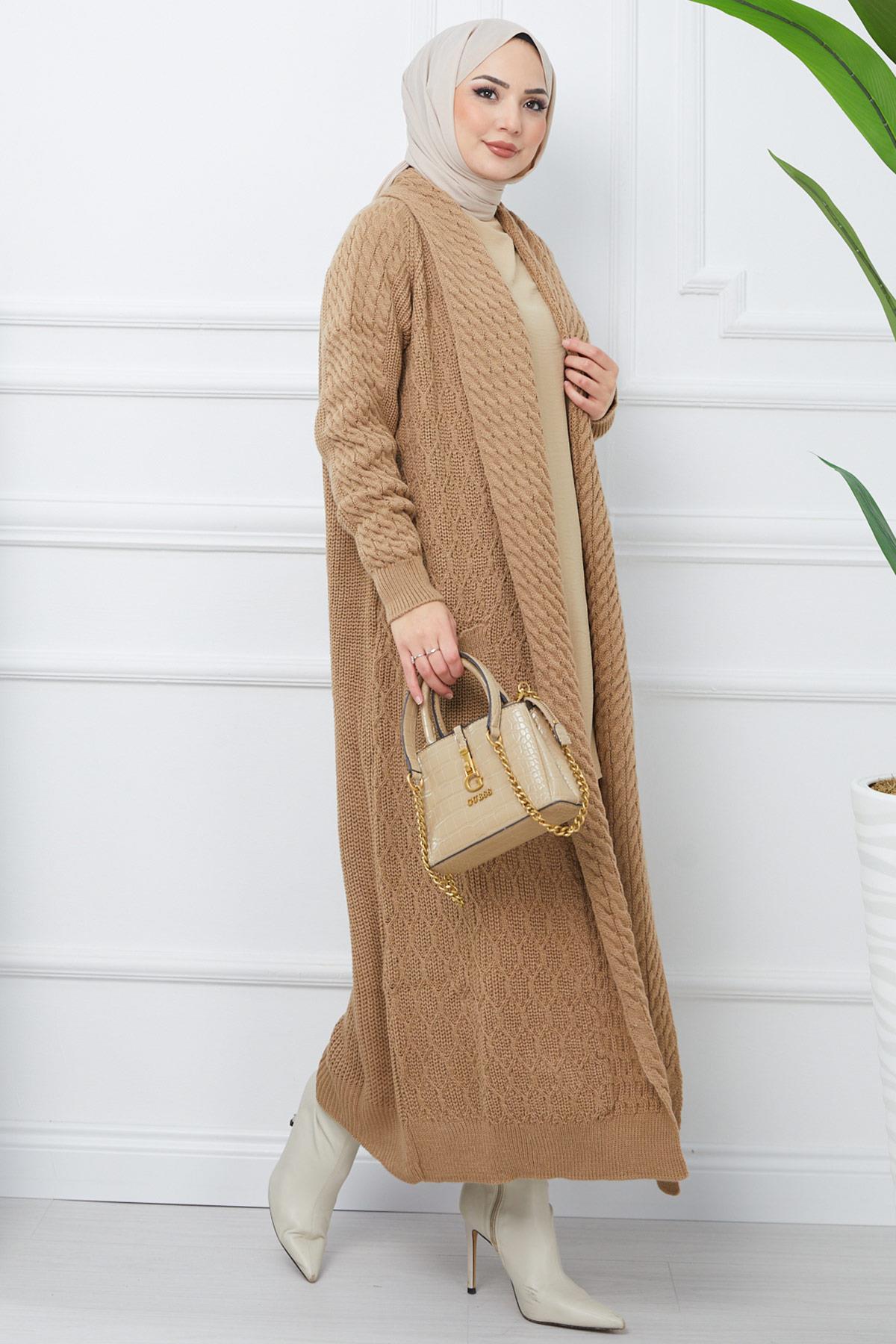 Şal Yaka Salaş Triko Hırka Camel HM2248