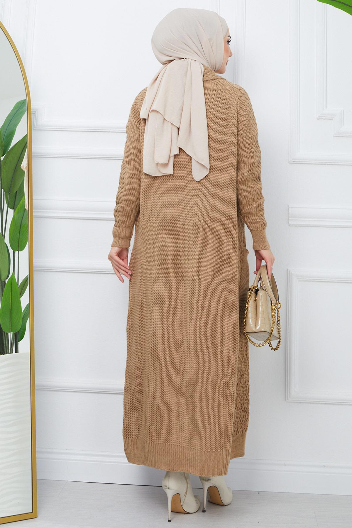 Şal Yaka Salaş Triko Hırka Camel HM2248
