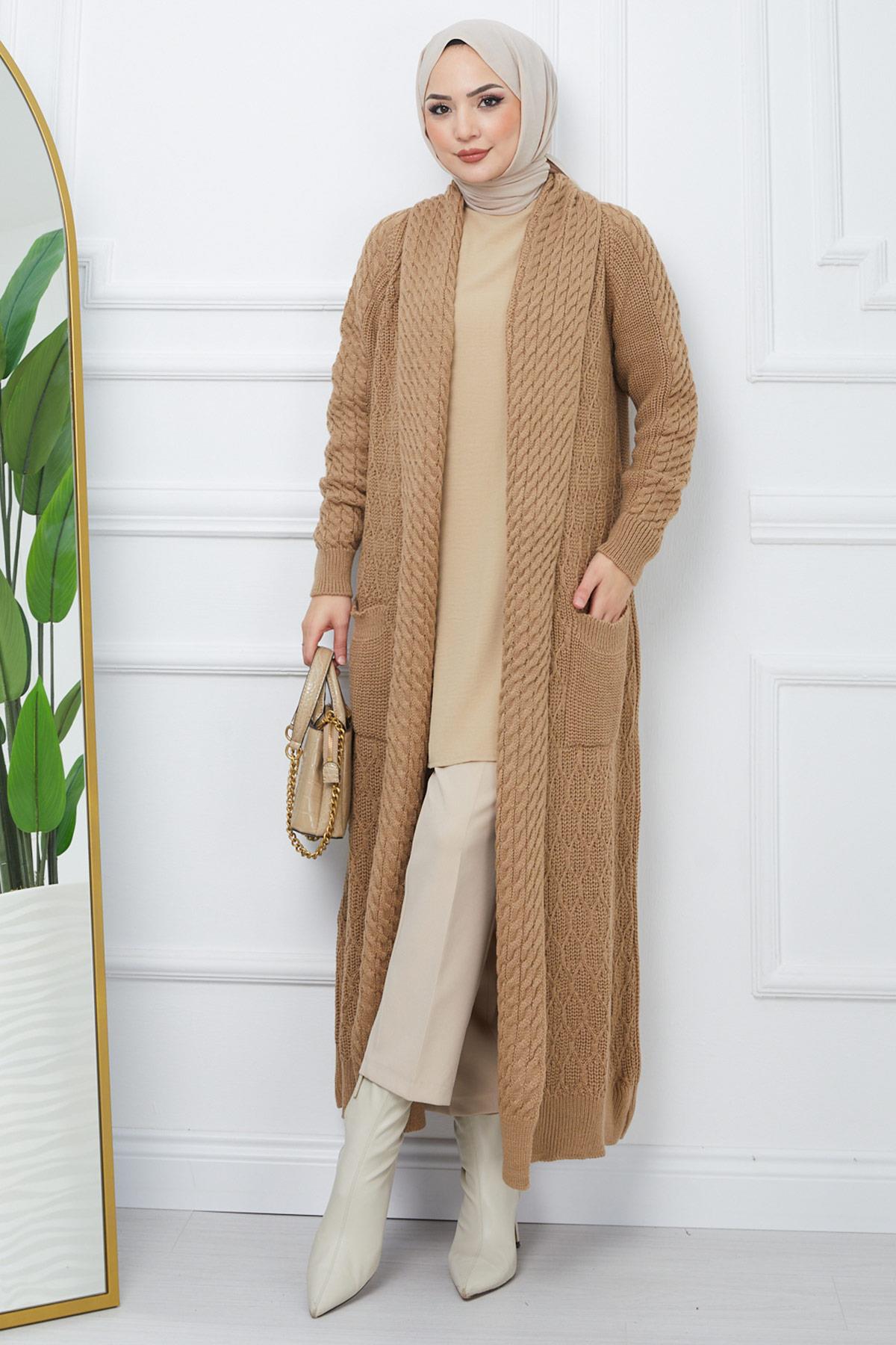 Şal Yaka Salaş Triko Hırka Camel HM2248