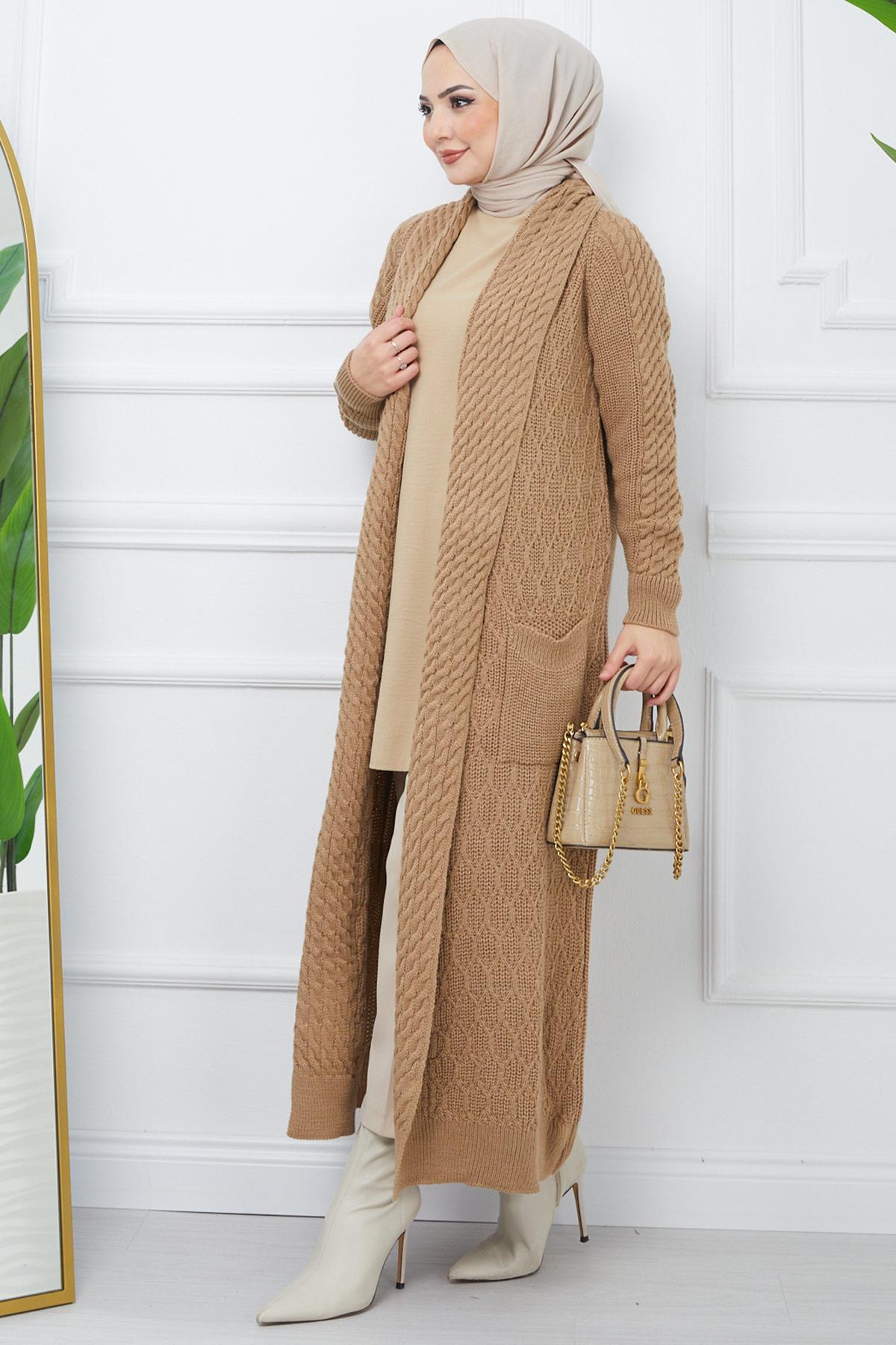 Şal Yaka Salaş Triko Hırka Camel HM2248