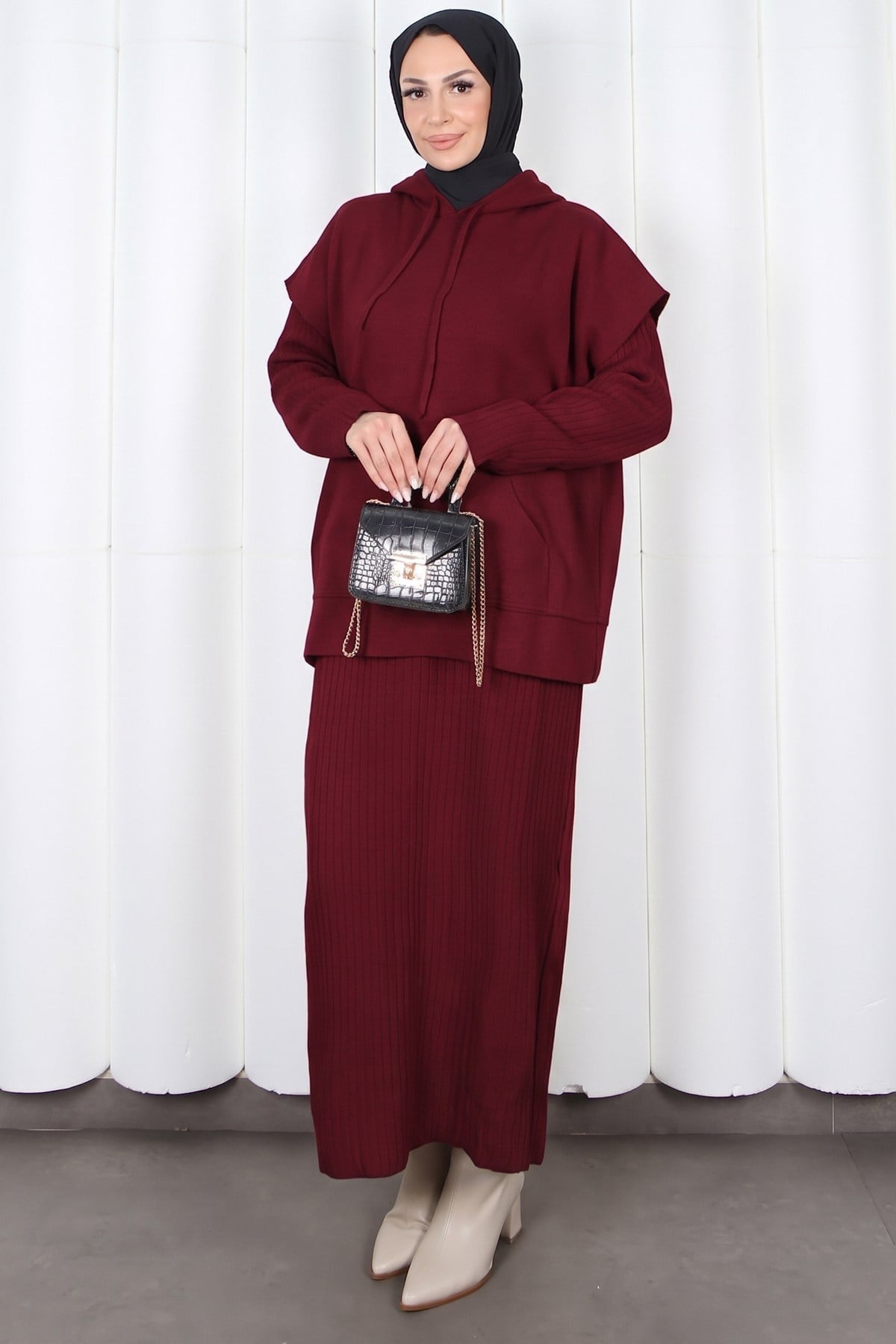 Sıfır Kol Kapüşonlu Elbiseli Triko Takım  Bordo   HNT2813