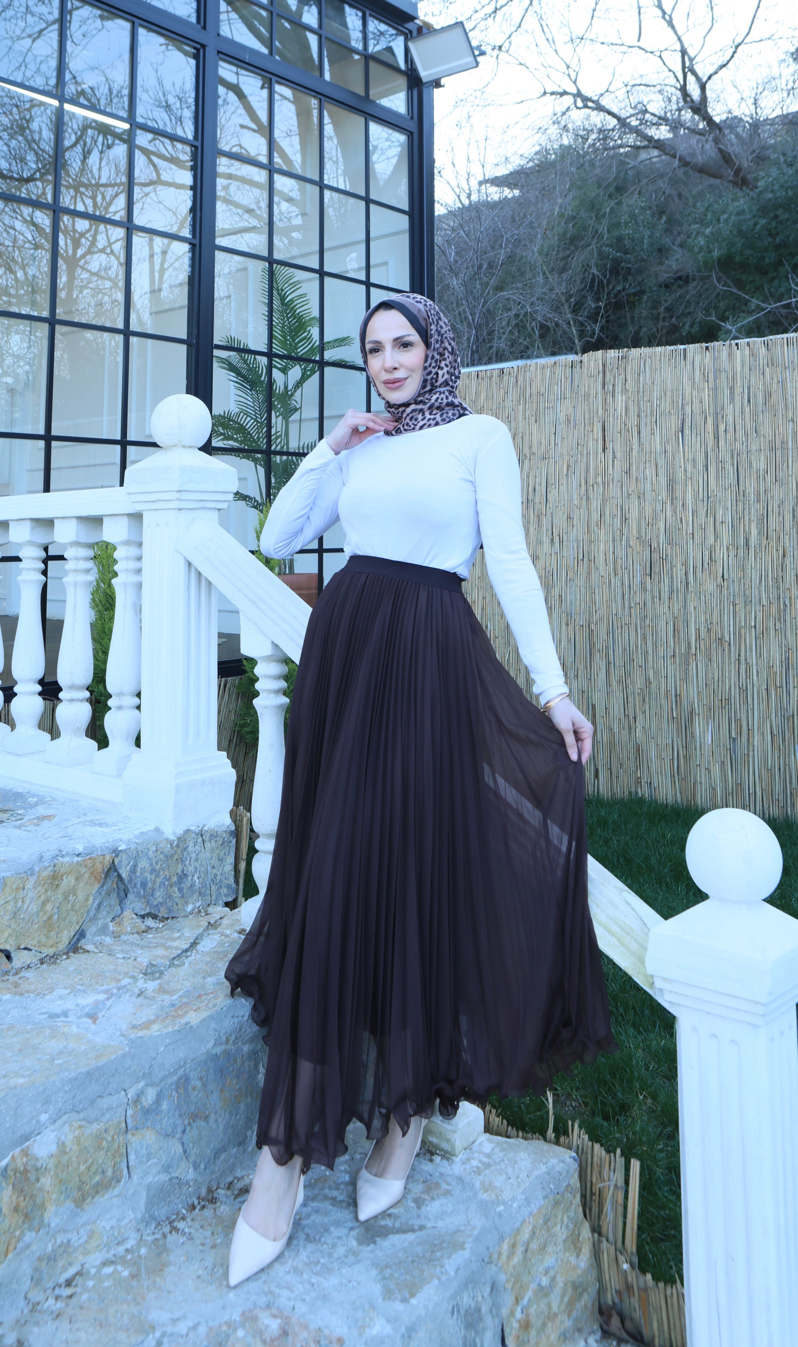 Şifon Piliseli Astarlı  Etek Kahve  HNT1008