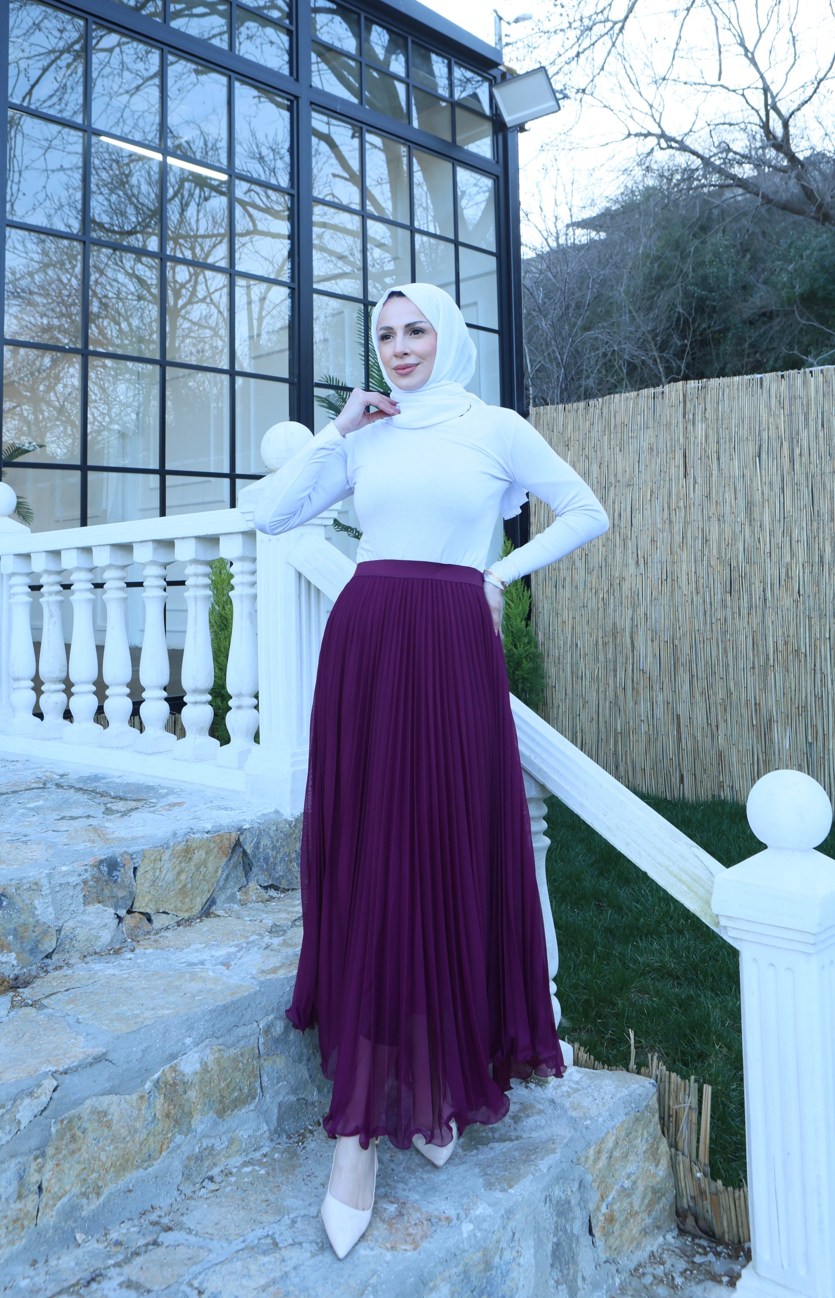 Şifon Piliseli Astarlı Etek Mor  HNT10081
