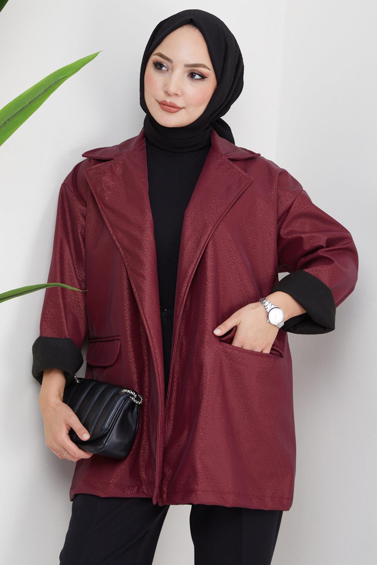 Sim Görünümlü Suni Deri Ceket Bordo HM2325