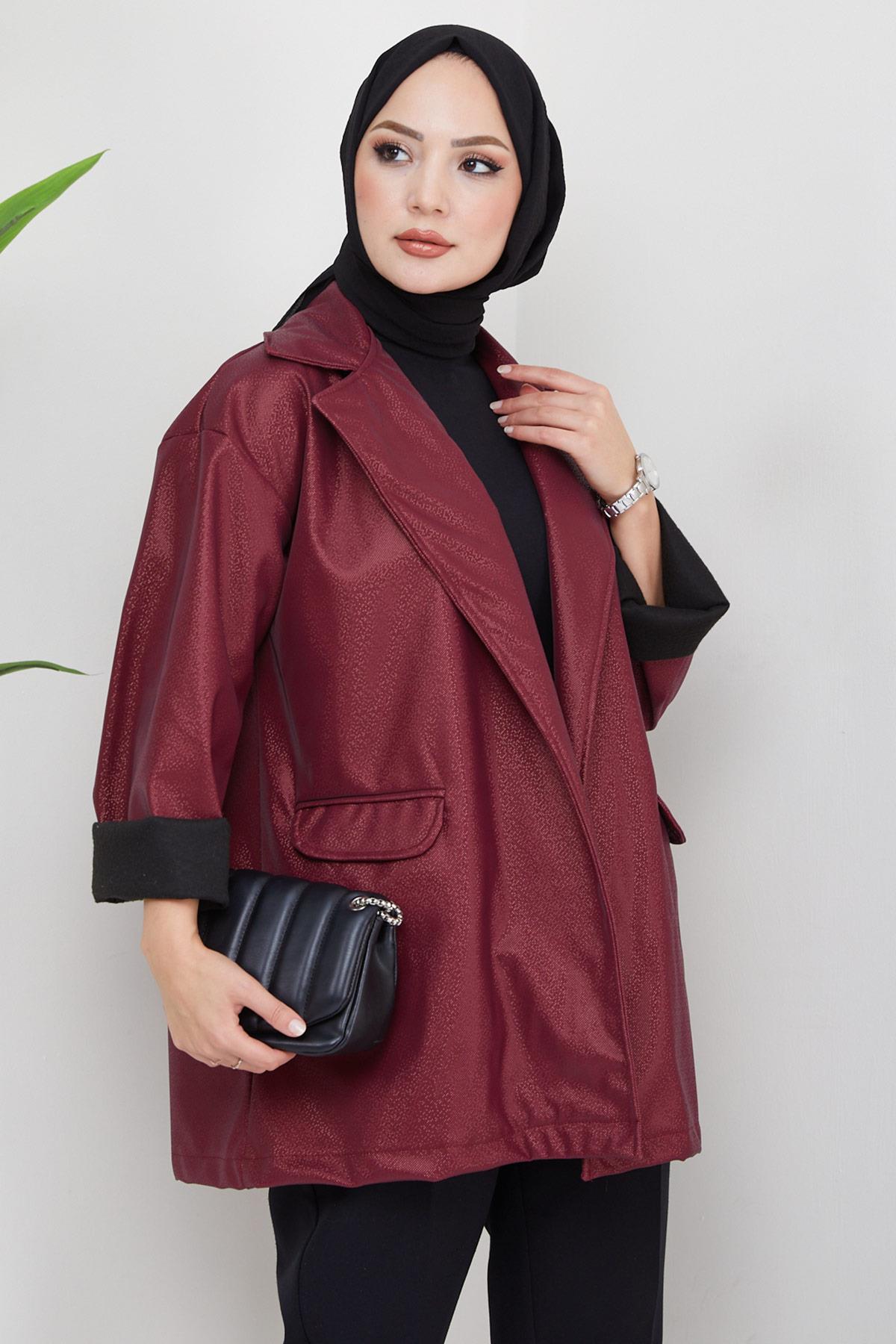Sim Görünümlü Suni Deri Ceket Bordo HM2325