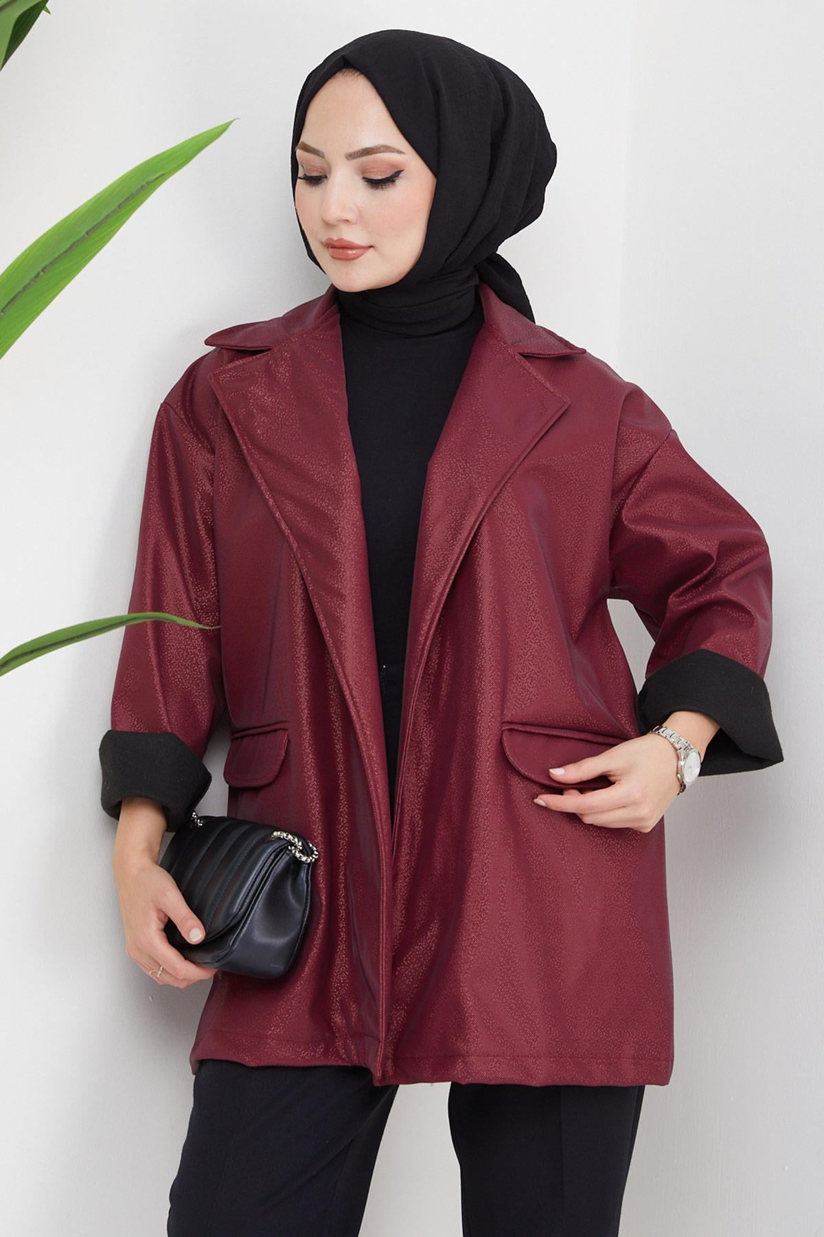 Sim Görünümlü Suni Deri Ceket Bordo HM2325