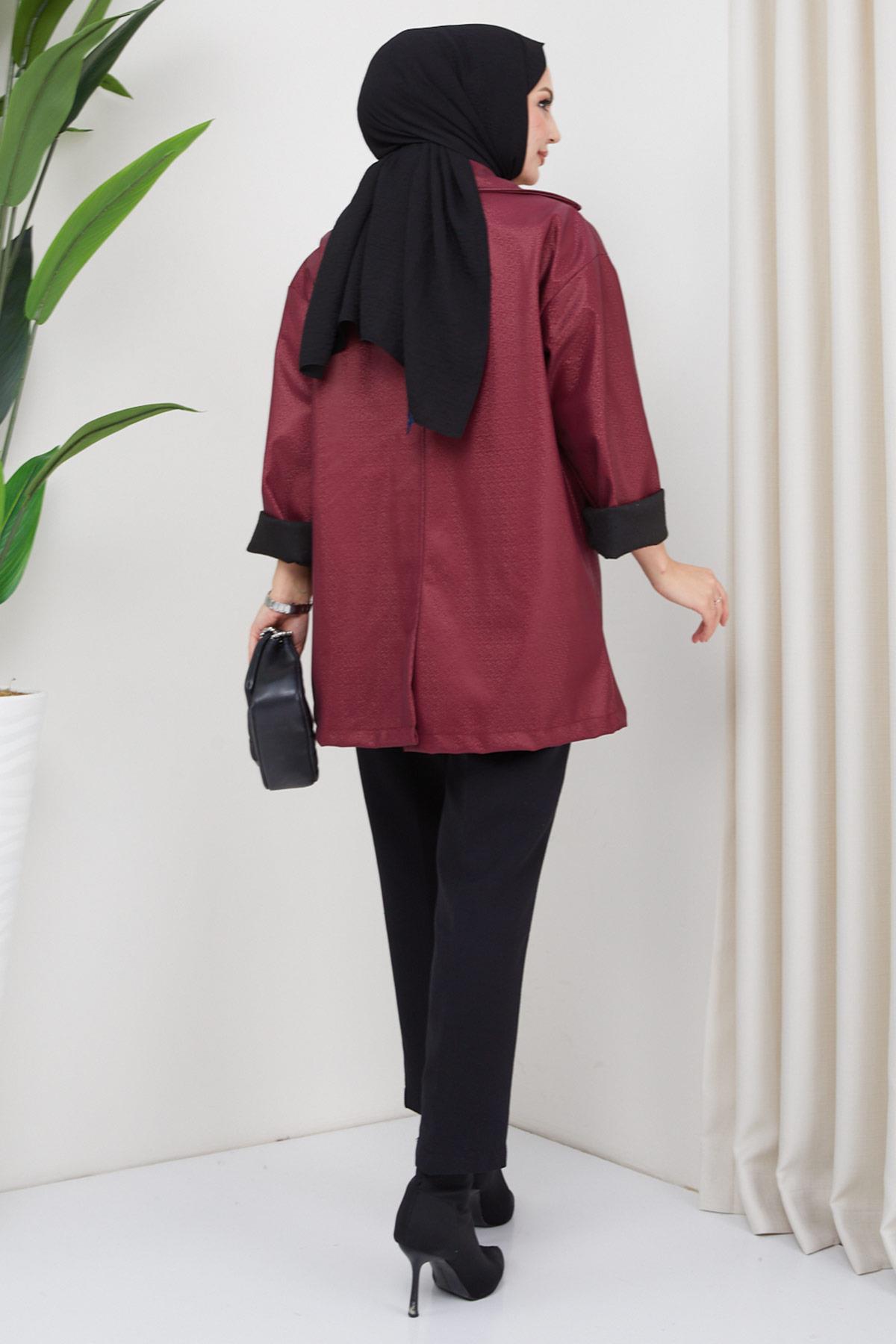 Sim Görünümlü Suni Deri Ceket Bordo HM2325