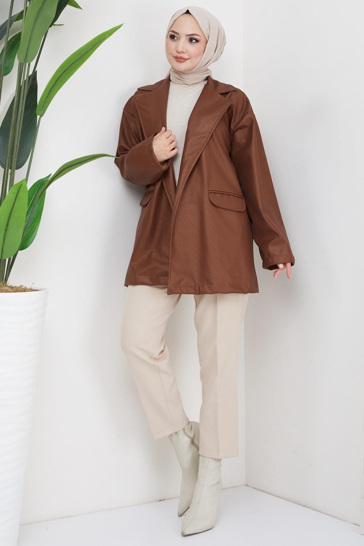 Sim Görünümlü Suni Deri Ceket Taba HM2325